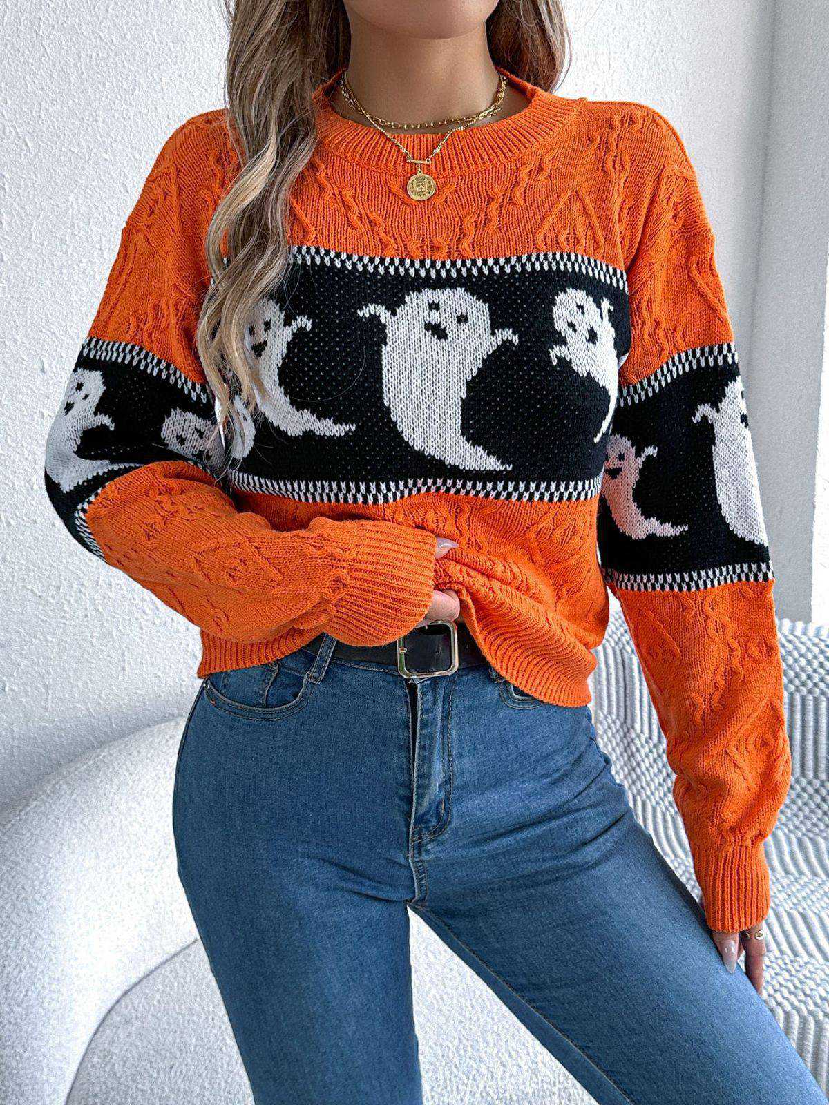 Orange 1940s Halloween Ghost Knit Sweater - Image 5
