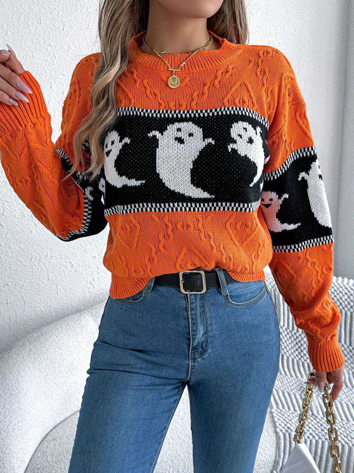 Orange 1940s Halloween Ghost Knit Sweater - Image 6