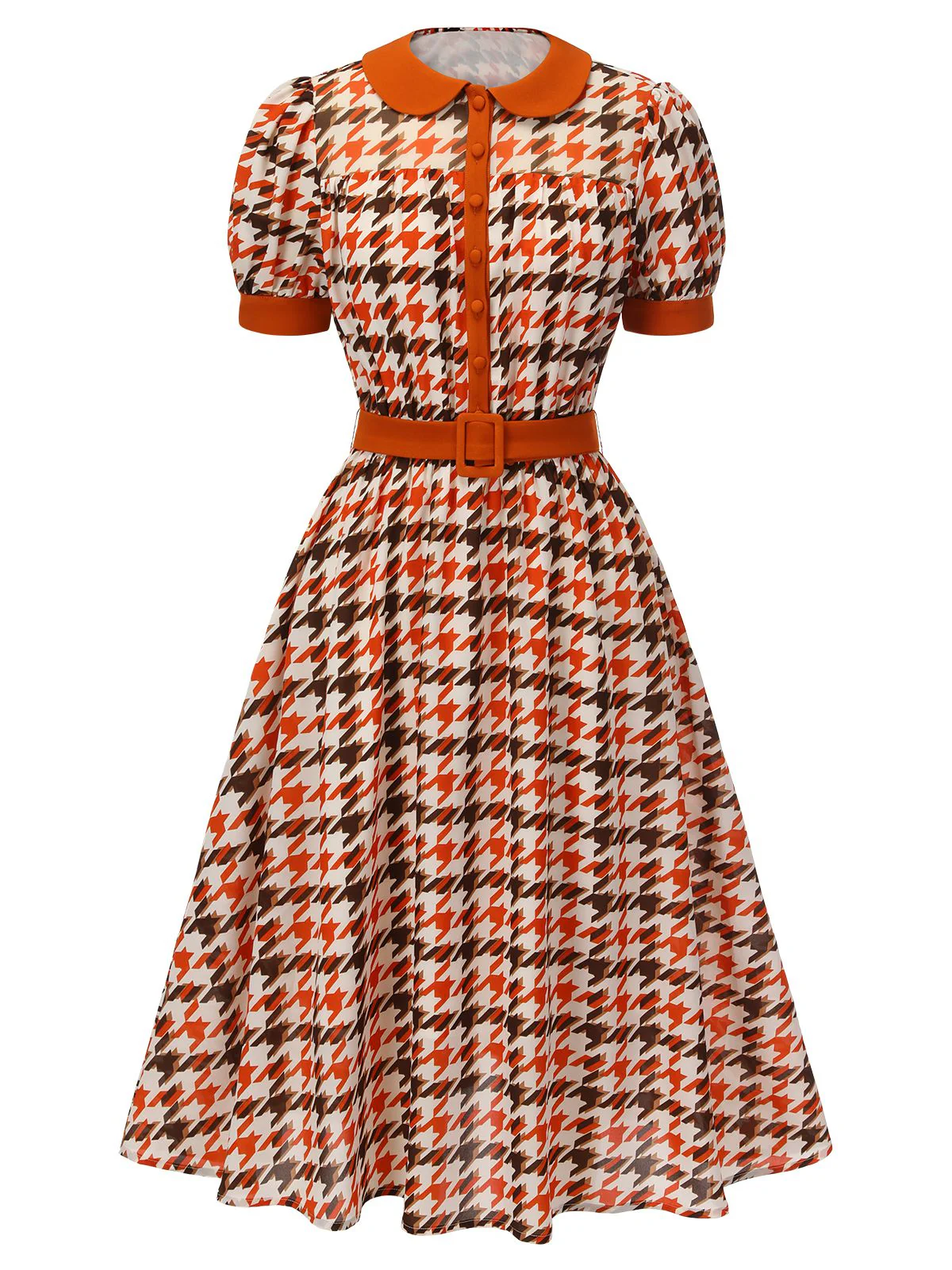 Orange 1940s Houndstooth Doll Collar Dress - Image 2