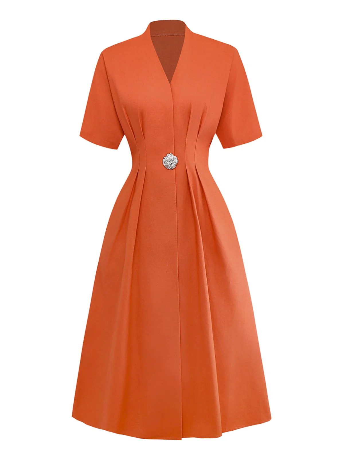 Orange 1940s V-Neck Brooch Button Solid Dress - Image 2