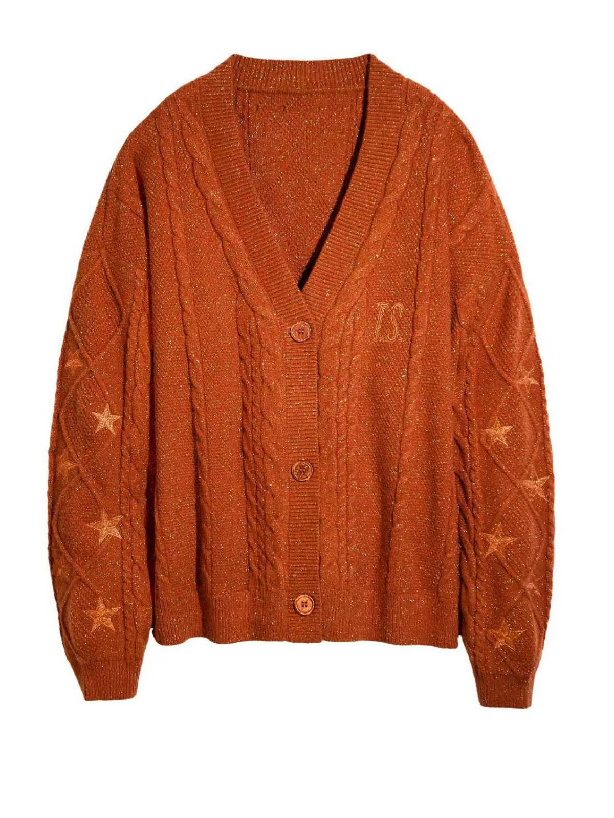 Orange 1940s V-Neck Star Embroidered Cardigan - Image 2