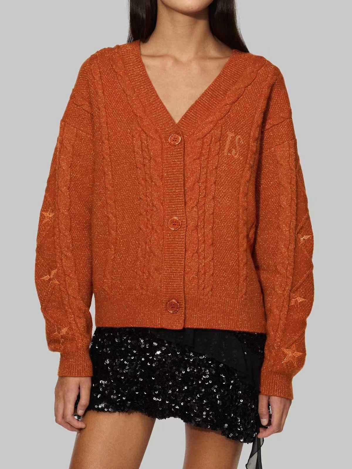 Orange 1940s V-Neck Star Embroidered Cardigan - Image 4
