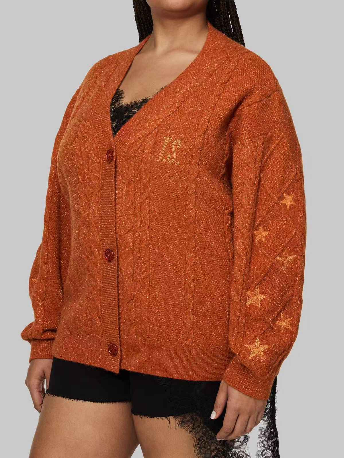 Orange 1940s V-Neck Star Embroidered Cardigan - Image 5