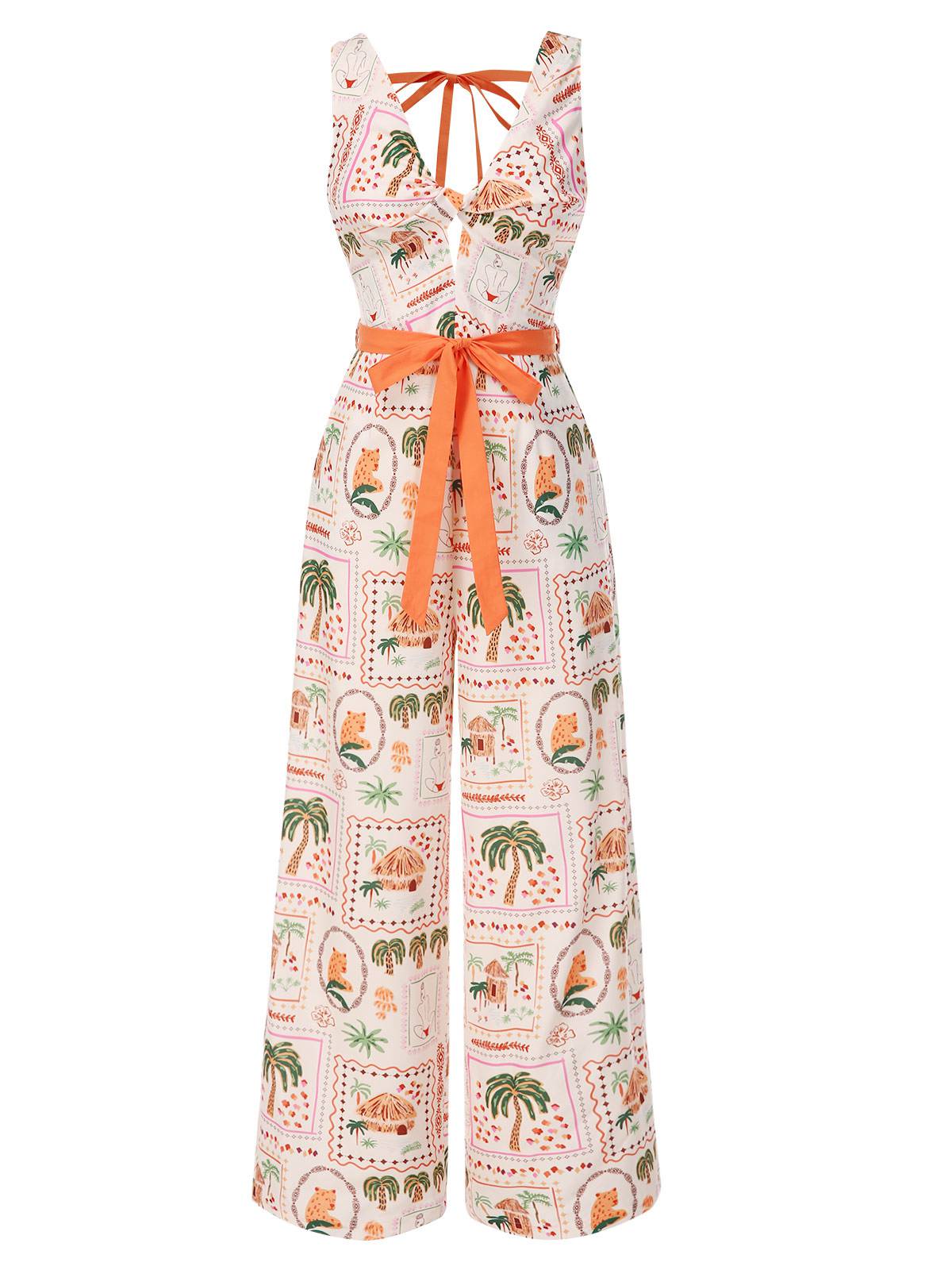 Orange 1950s Beach Stamps Twisted Jumpsuit - Image 2