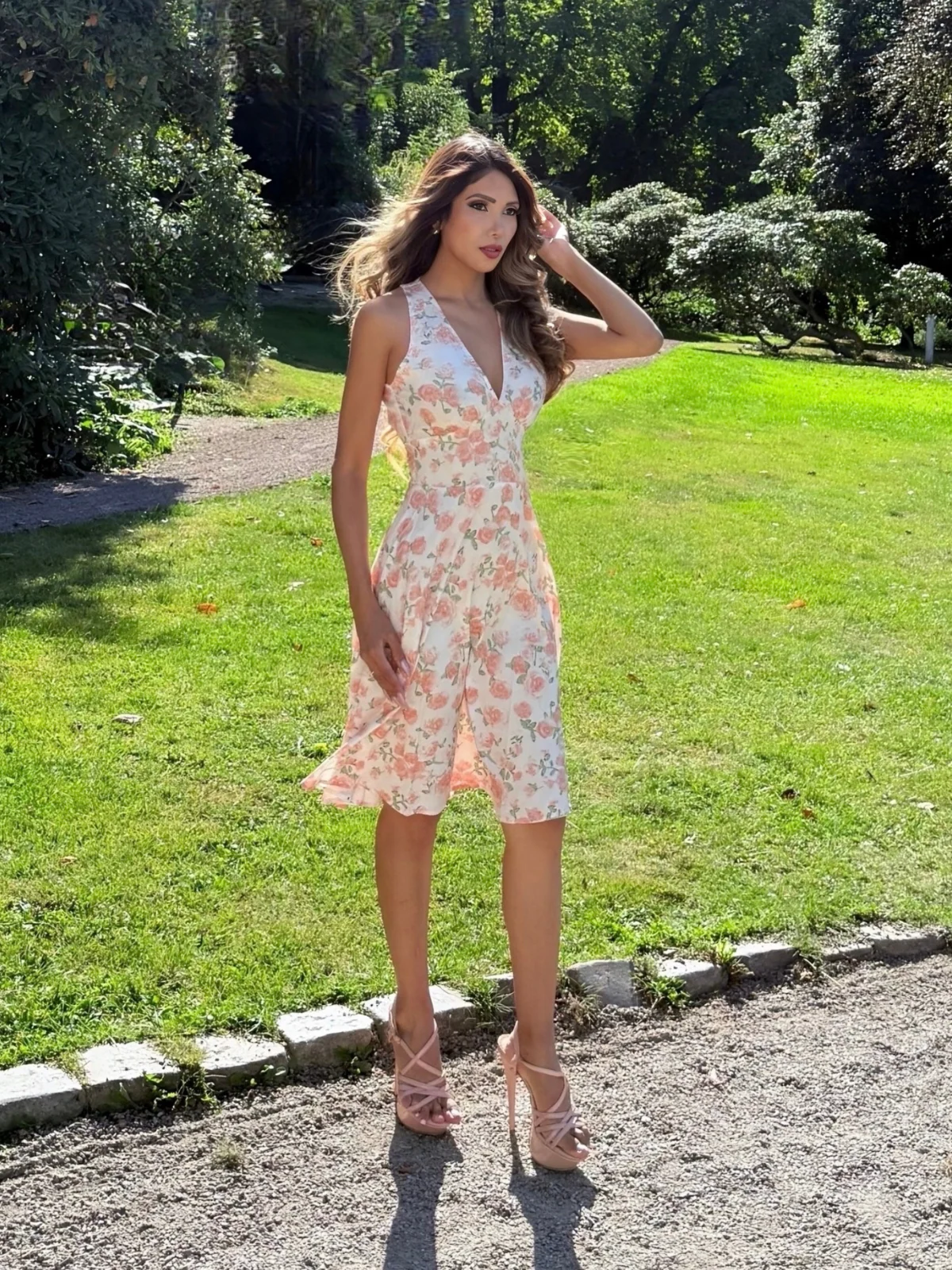 Orange 1950s Floral V-Neck Dress - Image 2