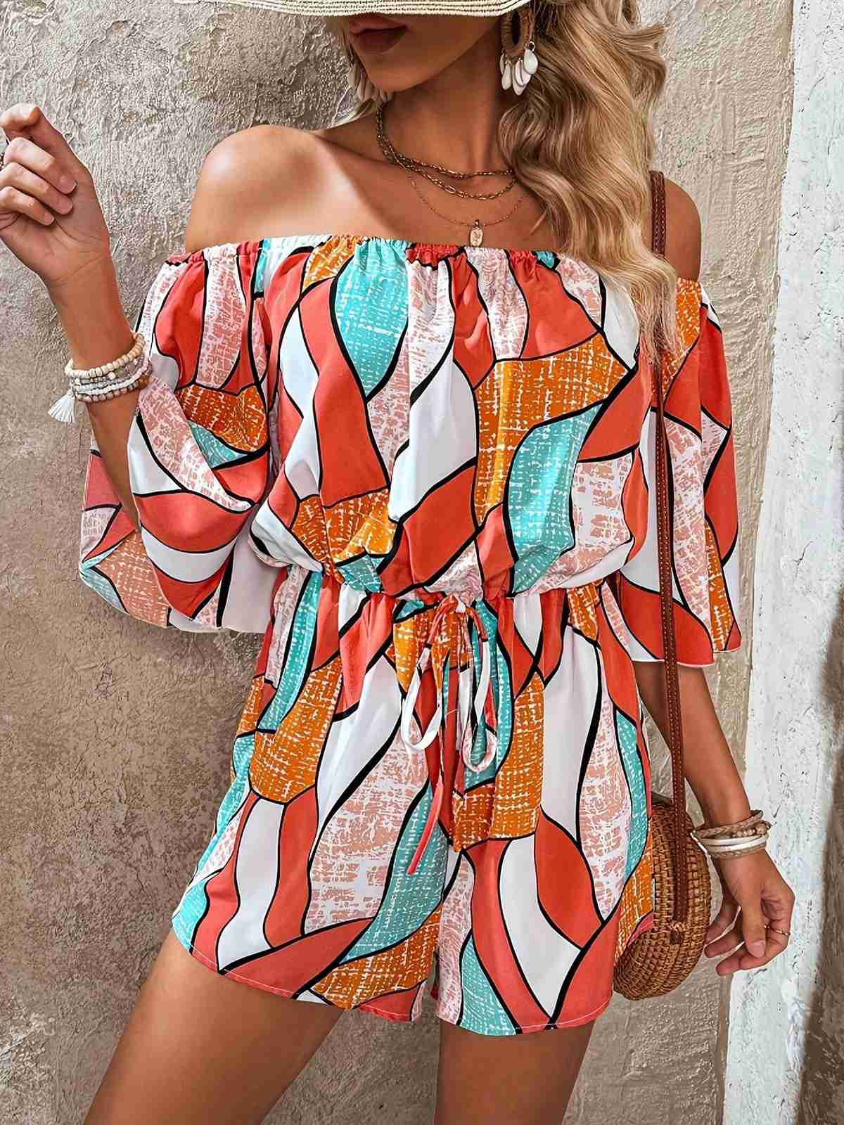 Orange 1950s Geometric Drawstring Off-Shoulder Romper - Image 2