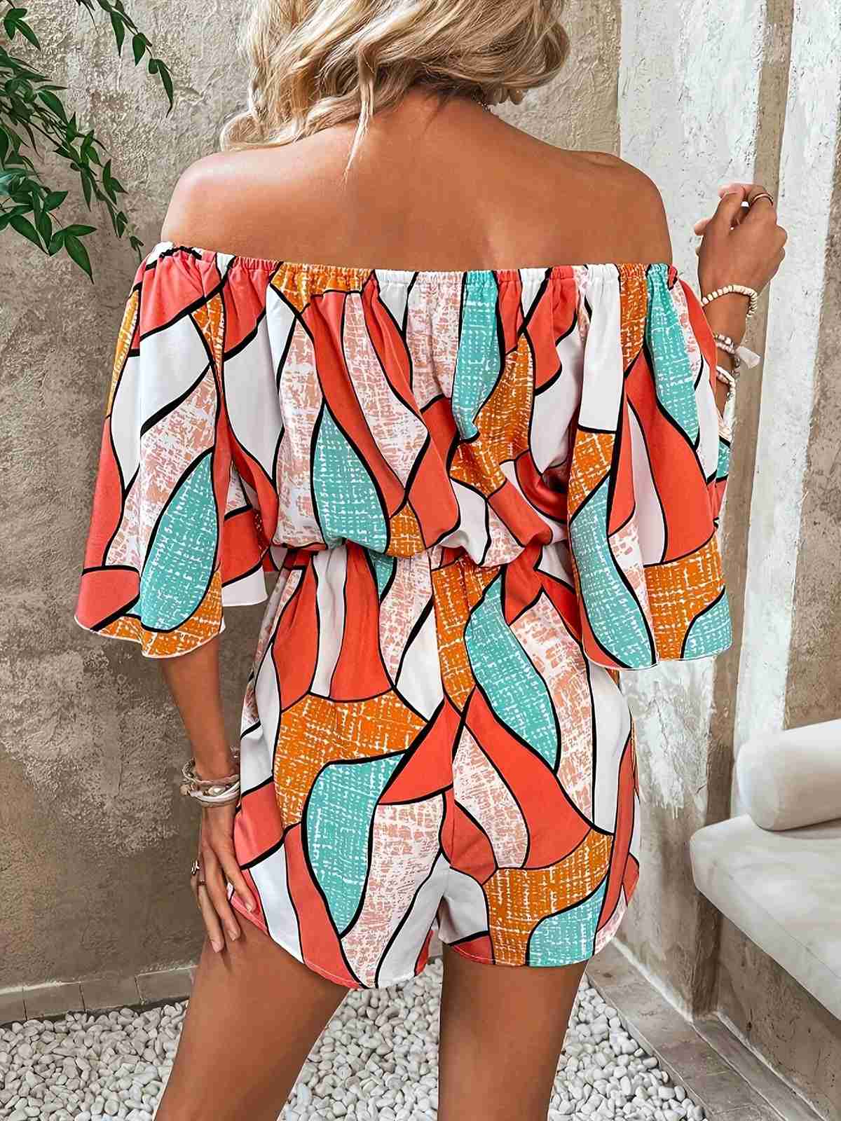 Orange 1950s Geometric Drawstring Off-Shoulder Romper - Image 3