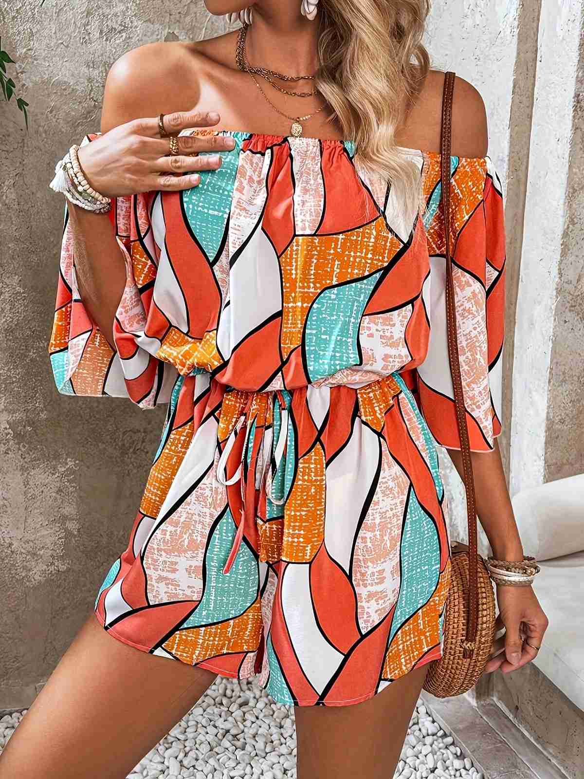 Orange 1950s Geometric Drawstring Off-Shoulder Romper - Image 4