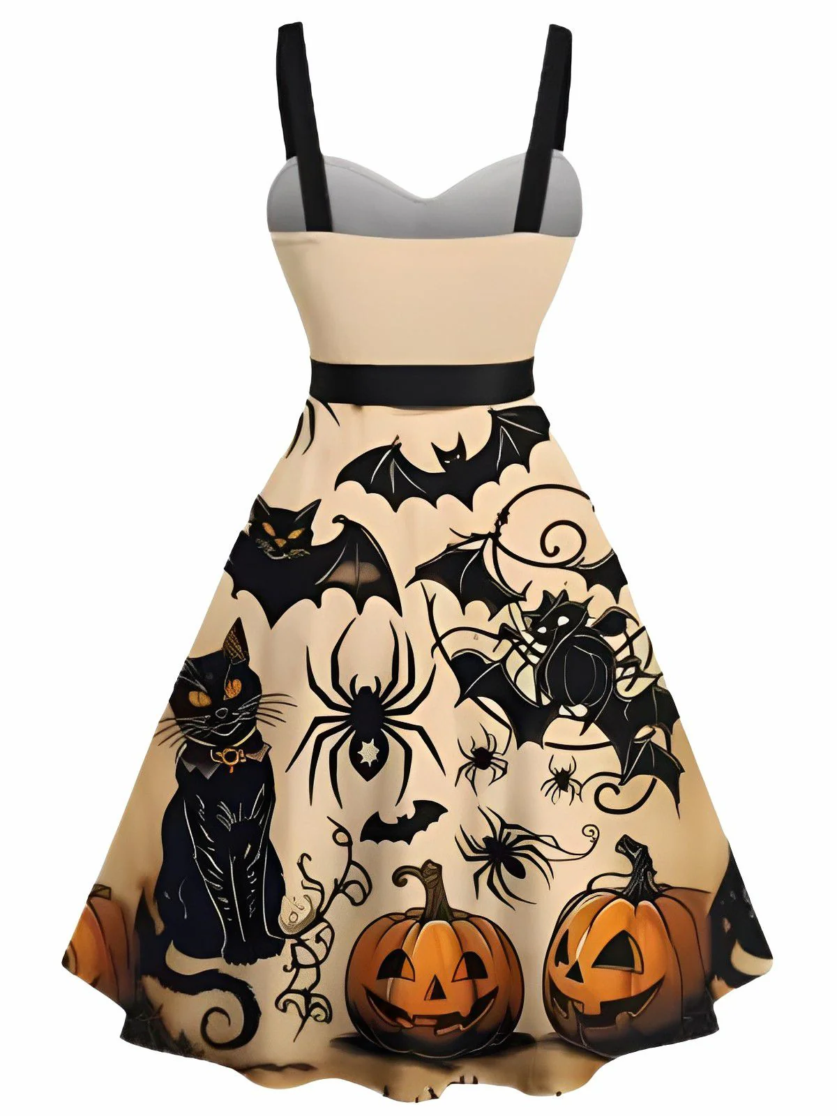Orange 1950s Halloween Pumpkin Cat Bat Print Swing Dress - Image 2