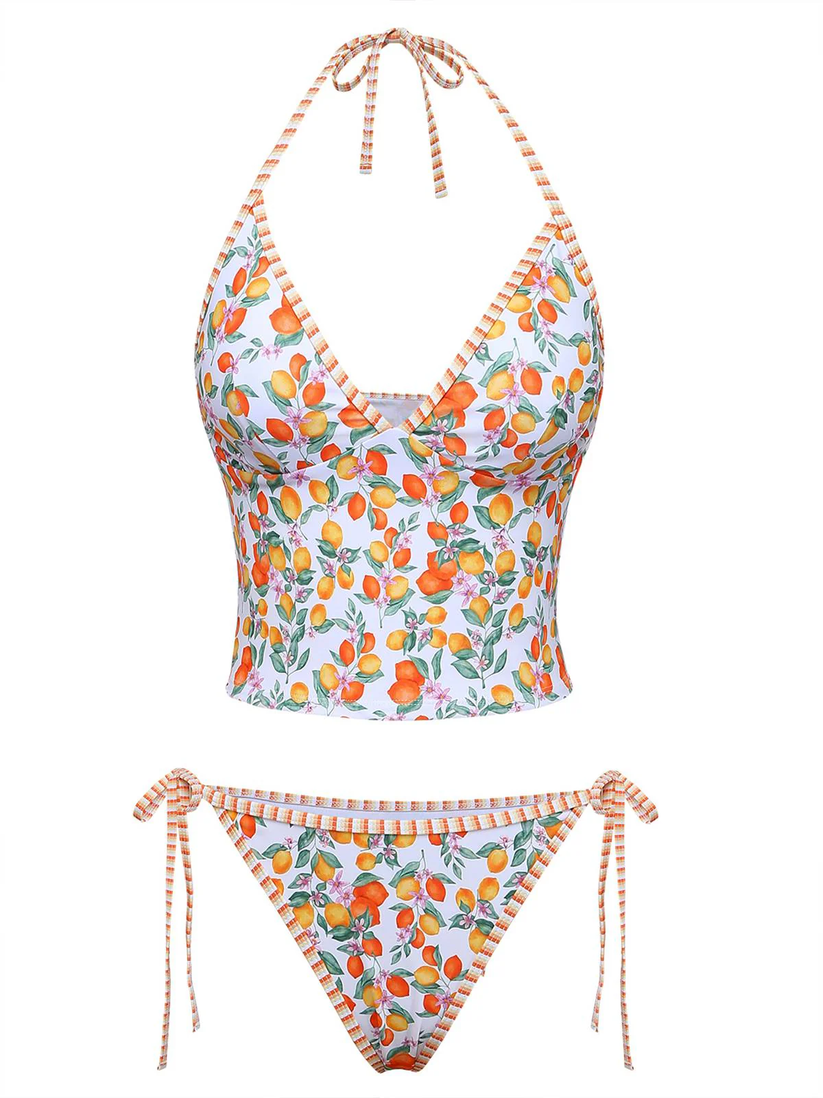 Orange 1950s Lemon Print Halter Tankini Set - Image 2