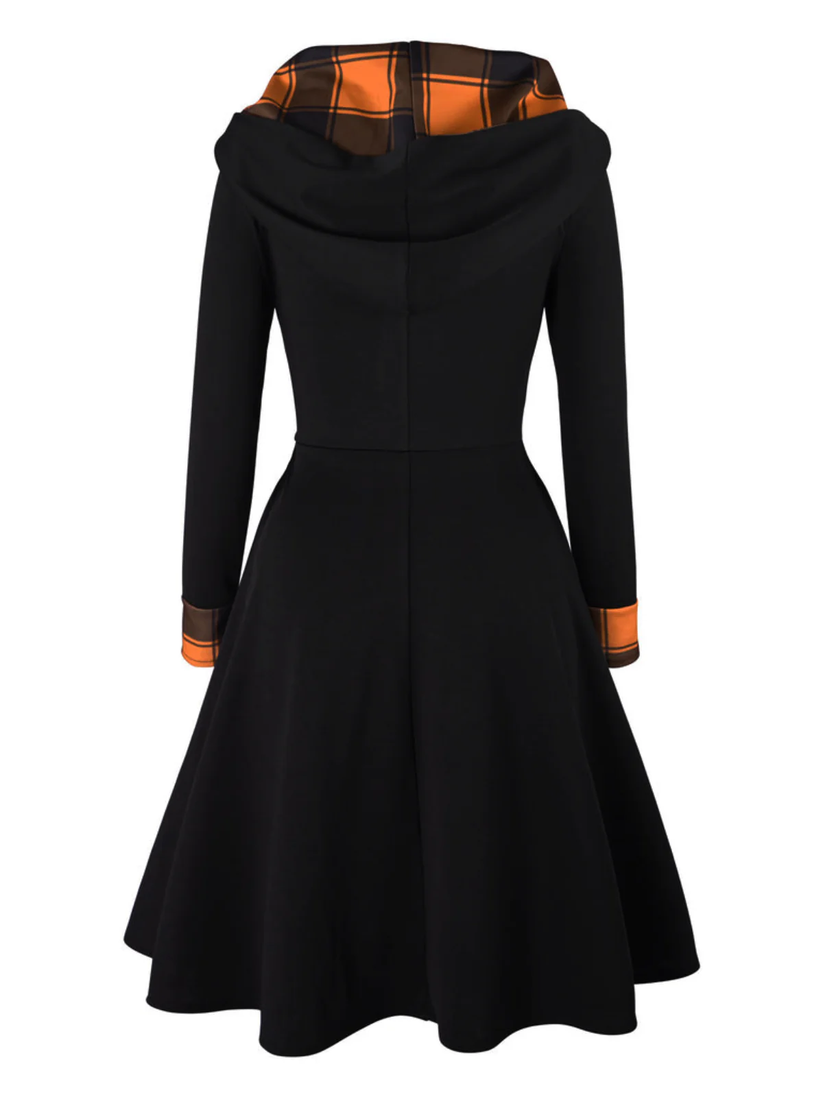 Orange 1950s Plaids Hooded Patchwork Dress - Image 3