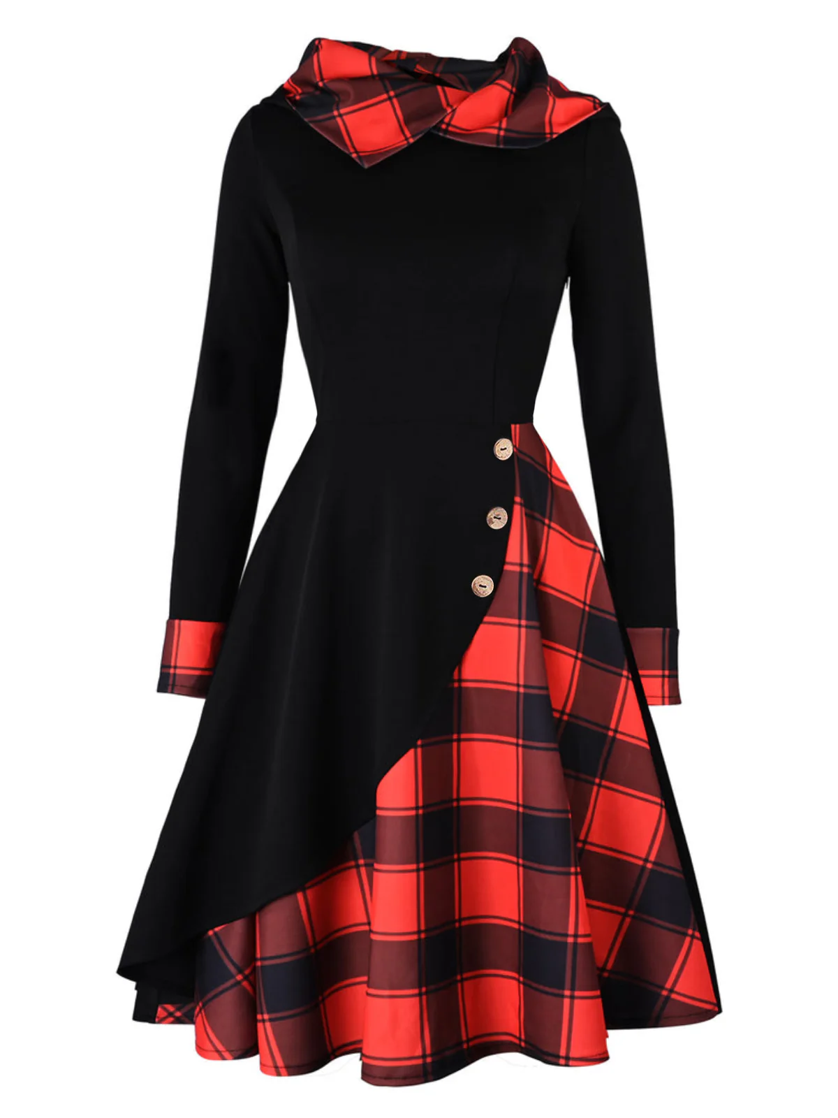 Orange 1950s Plaids Hooded Patchwork Dress - Image 7