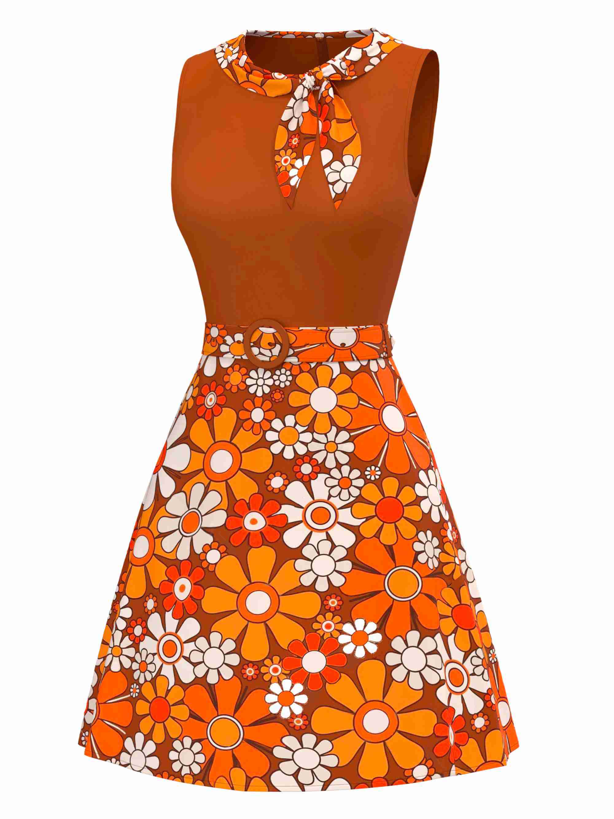 Orange 1960s Boho Psychedelic Floral Belted Dress - Image 2
