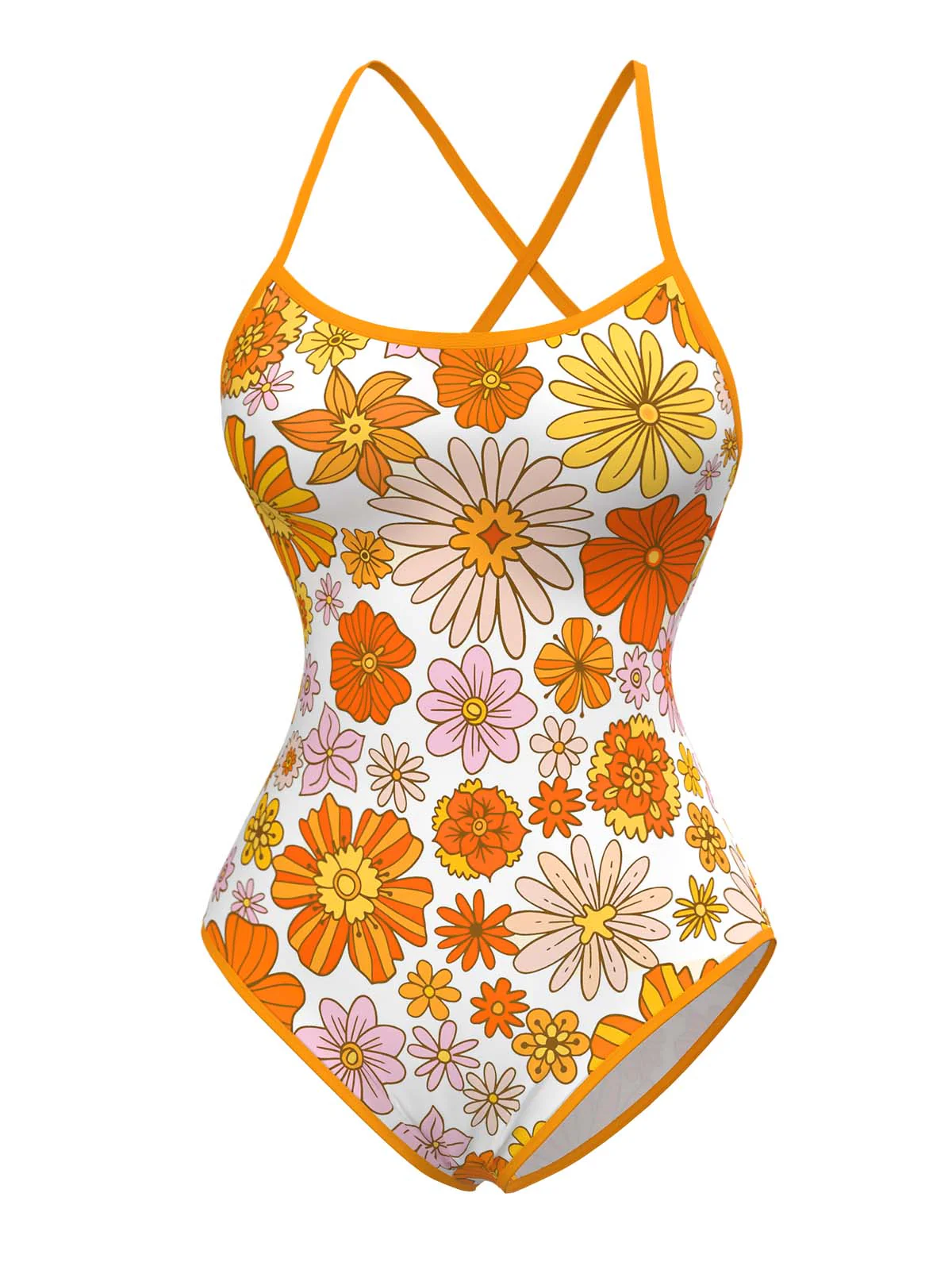 Orange 1960s Daisy Cross Back One-Piece Swimsuit - Image 3