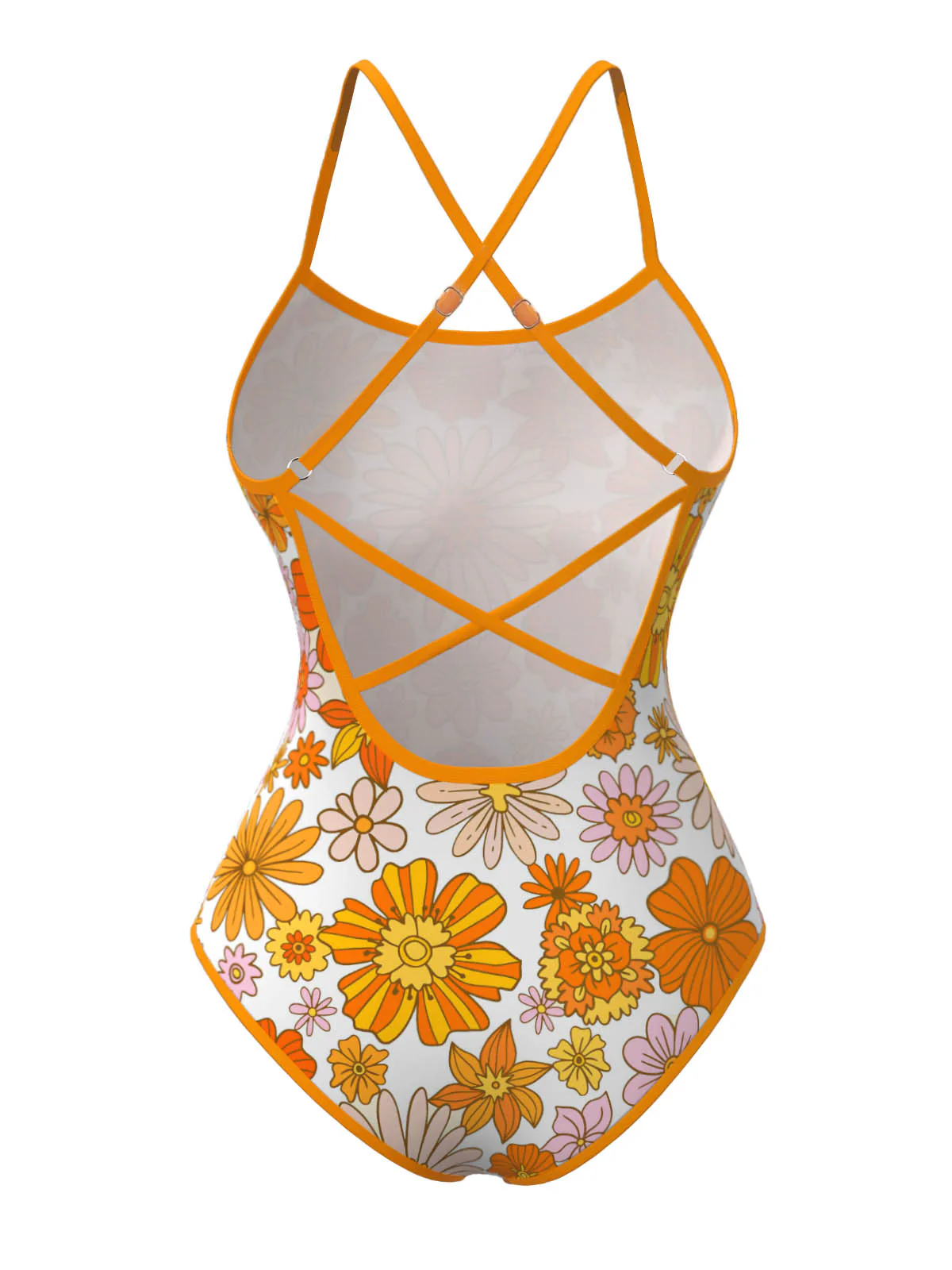 Orange 1960s Daisy Cross Back One-Piece Swimsuit - Image 4