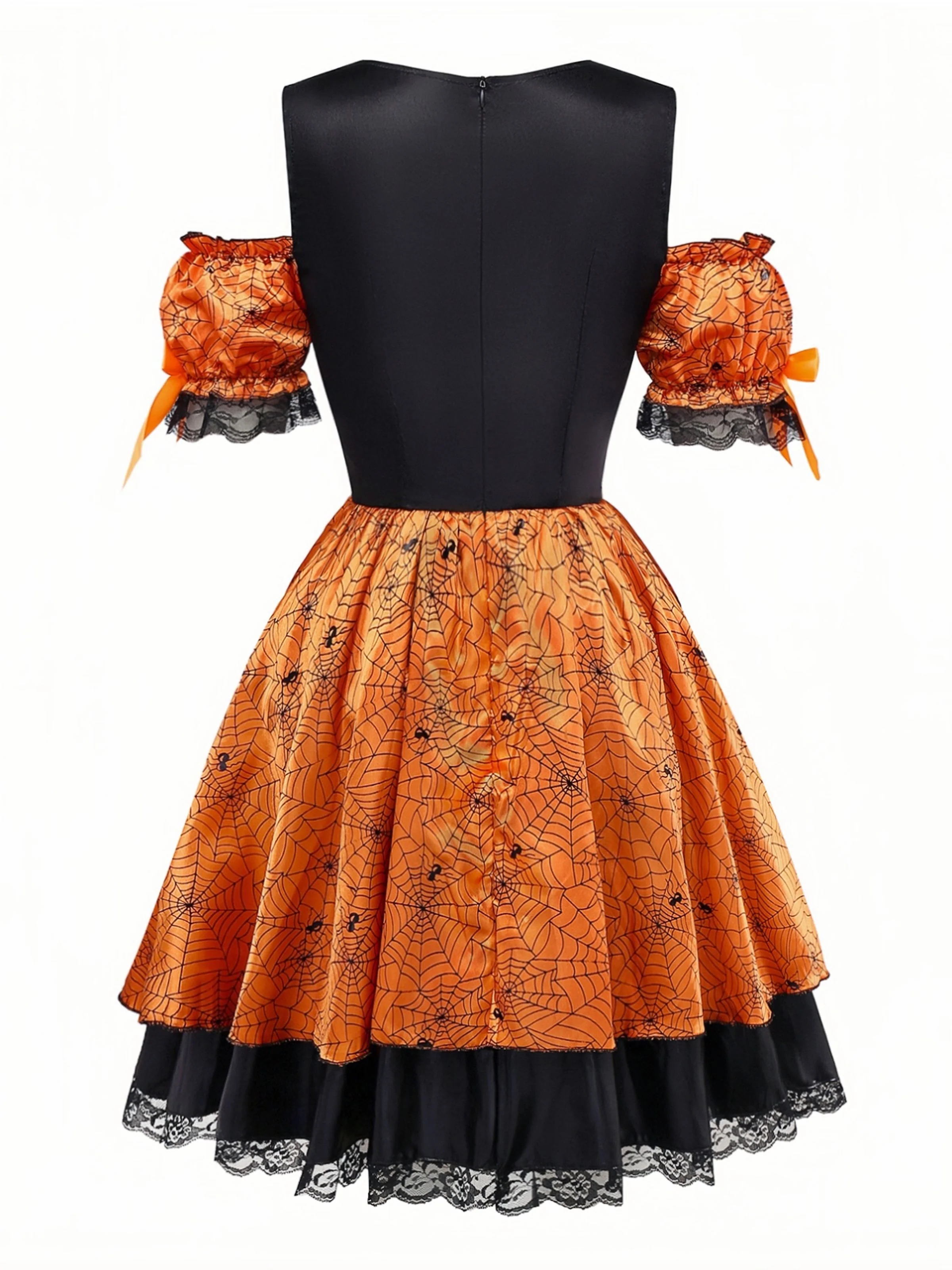 Orange 1960s Halloween Pumpkin Spiderweb Puff-Sleeve Dress - Image 2