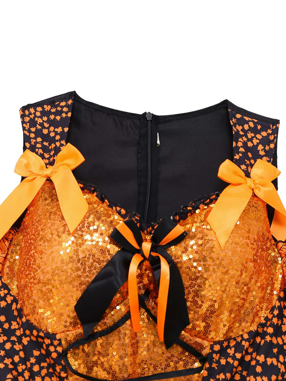Orange 1960s Halloween Pumpkin Spiderweb Puff-Sleeve Dress - Image 3