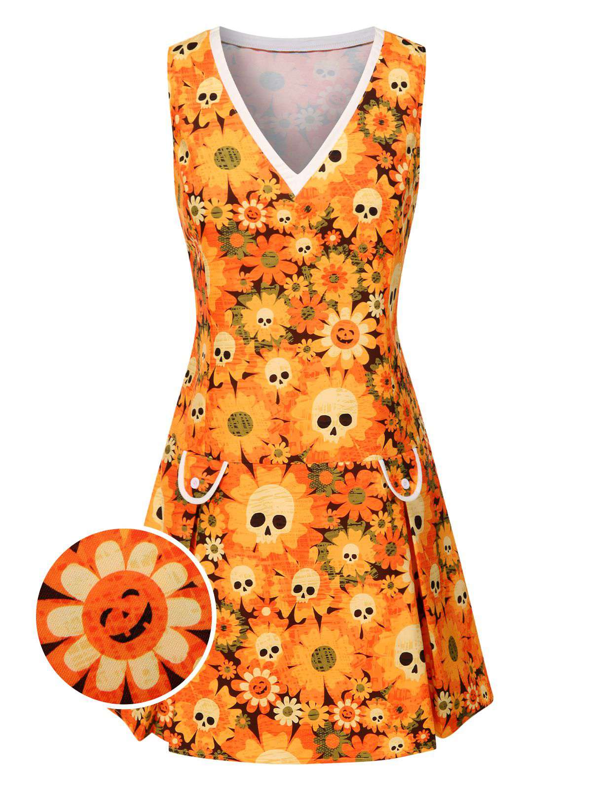 Orange 1960s Halloween Skull Floral Print V-Neck Dress - Image 2