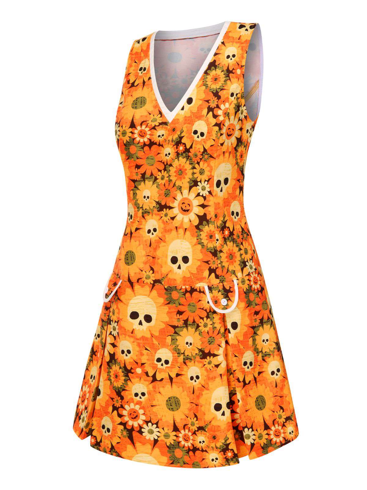 Orange 1960s Halloween Skull Floral Print V-Neck Dress - Image 3