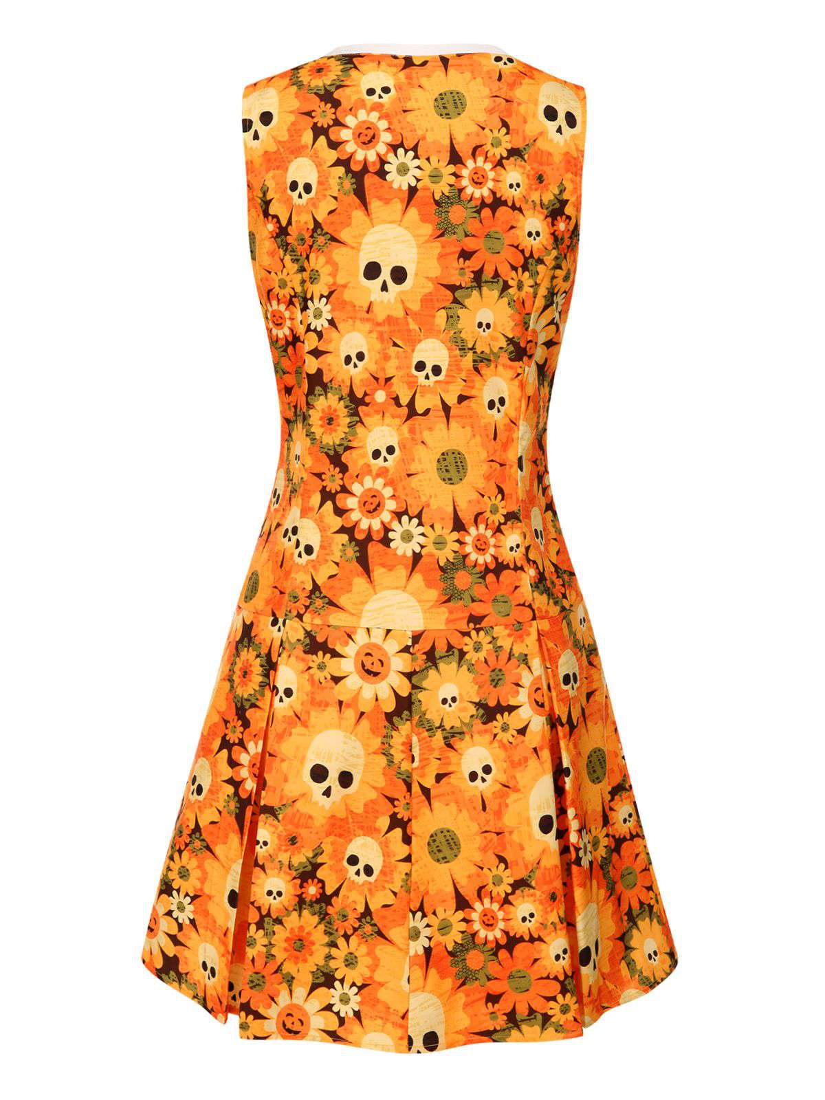 Orange 1960s Halloween Skull Floral Print V-Neck Dress - Image 4