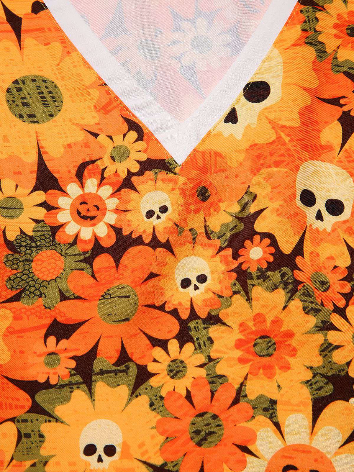 Orange 1960s Halloween Skull Floral Print V-Neck Dress - Image 5