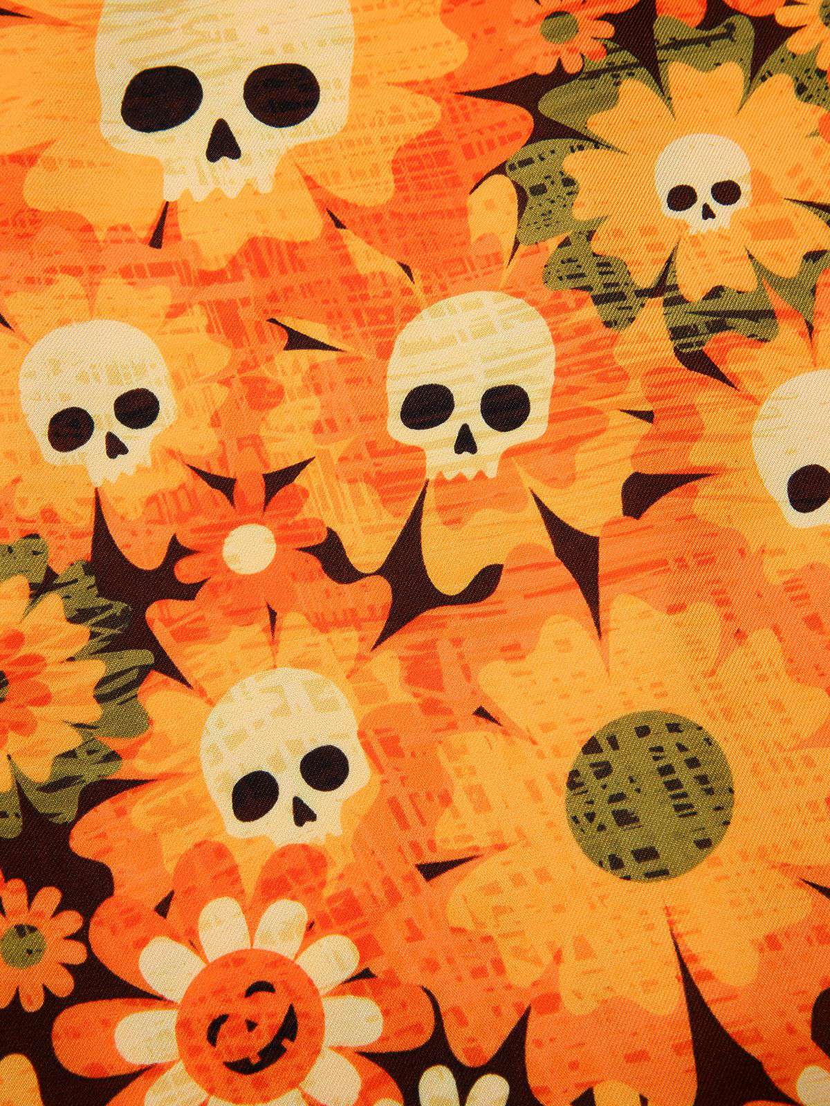 Orange 1960s Halloween Skull Floral Print V-Neck Dress - Image 7