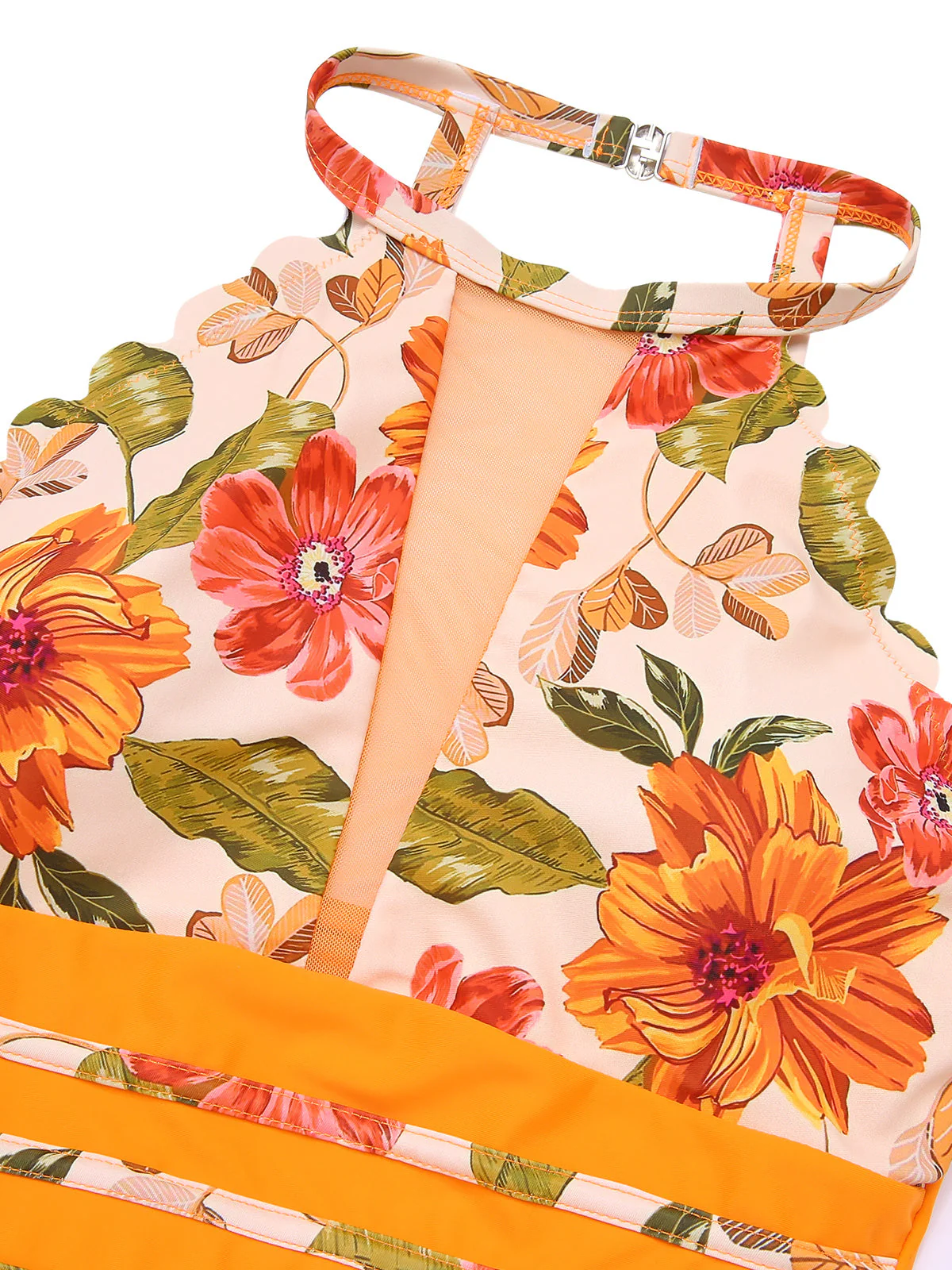 Orange 1960s Halter Floral One-Piece Swimsuit - Image 4