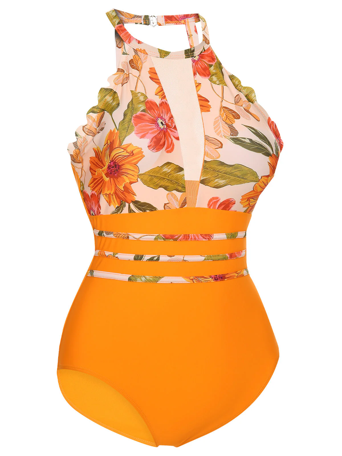 Orange 1960s Halter Floral One-Piece Swimsuit - Image 2