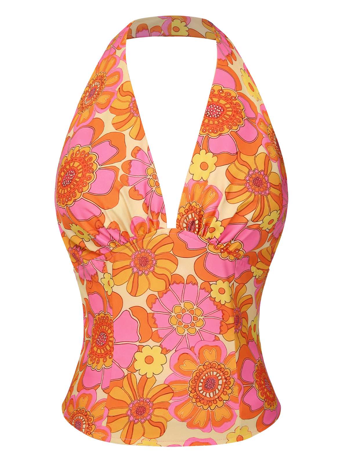 Orange 1960s Hippie Floral Halter Top - Image 3