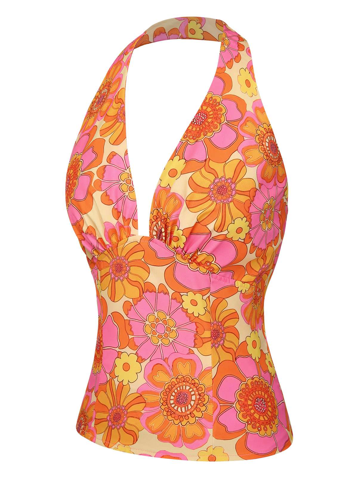 Orange 1960s Hippie Floral Halter Top - Image 4