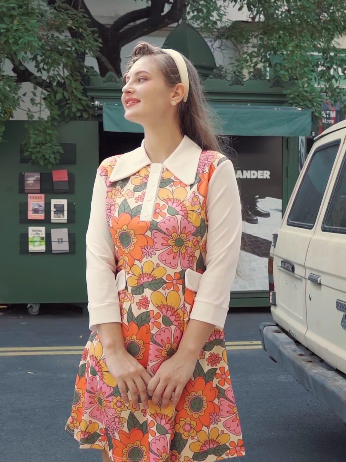 Orange 1960s Lapel Flowers Patchwork Dress - Image 2