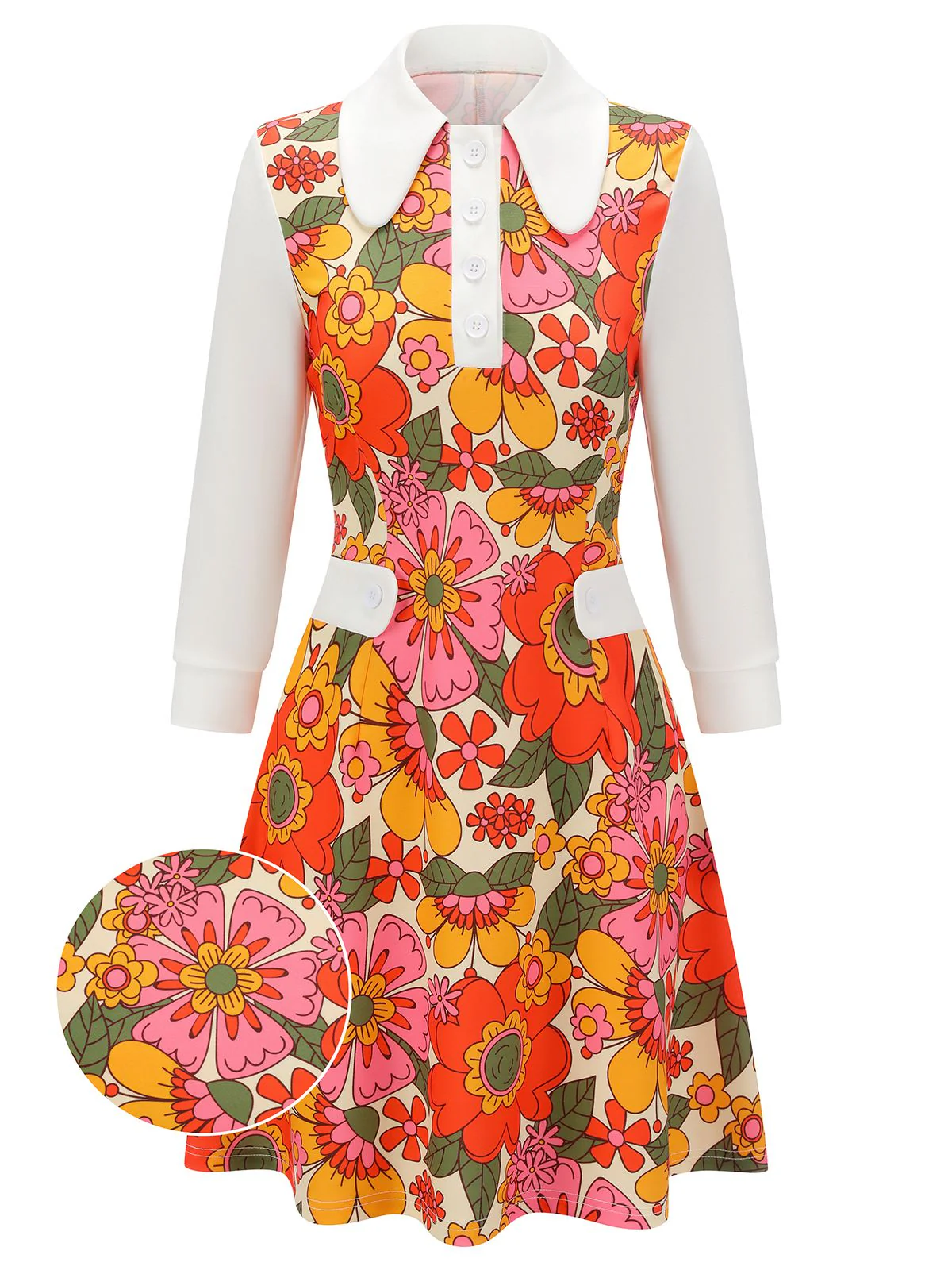 Orange 1960s Lapel Flowers Patchwork Dress - Image 5
