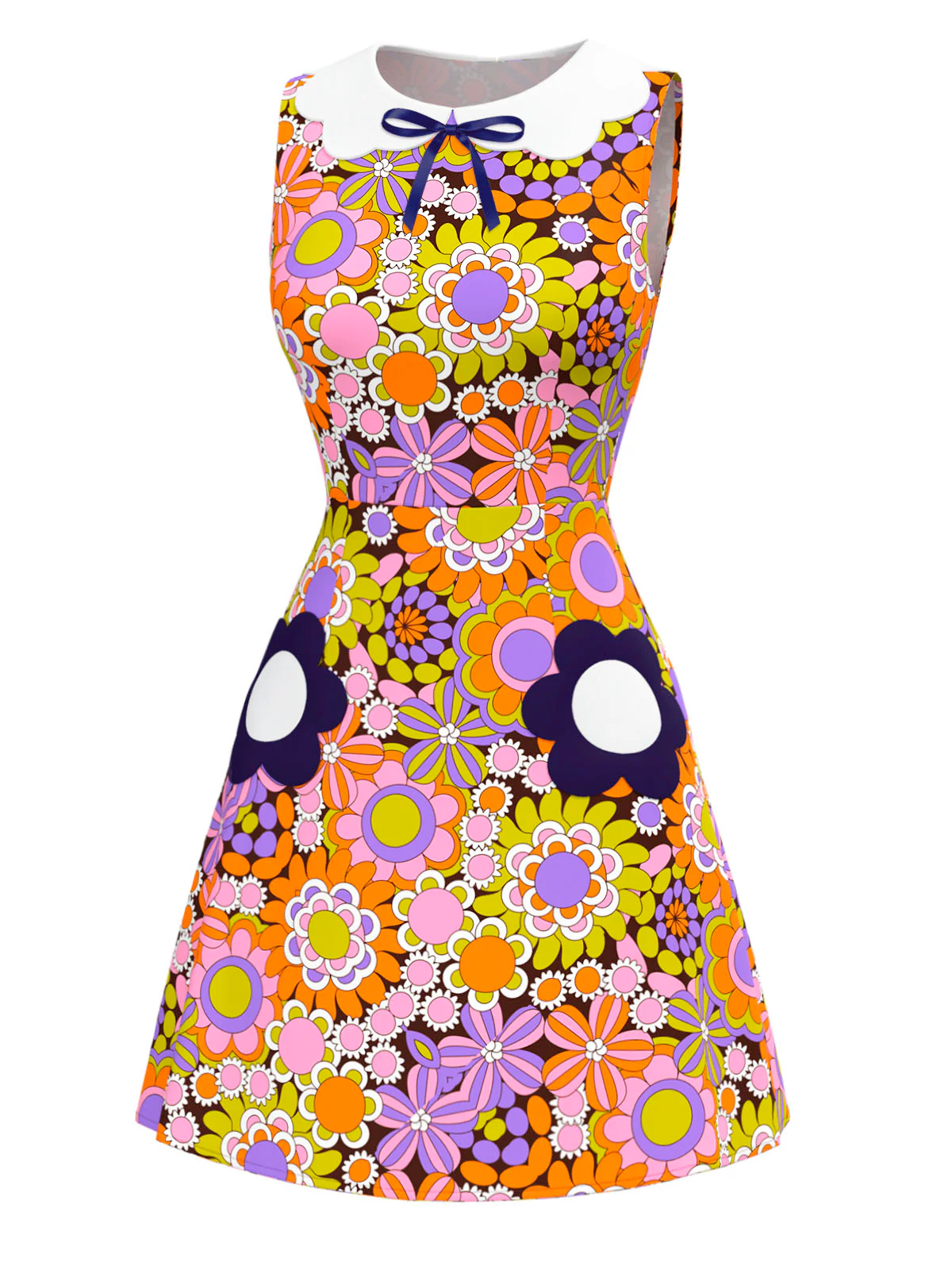 Orange 1960s Peter Pan Collar Floral Bow Dress - Image 2