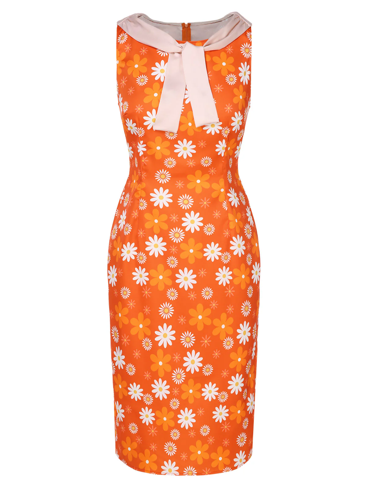 Orange 1960s Tie Neck Floral Sleeveless Dress - Image 2