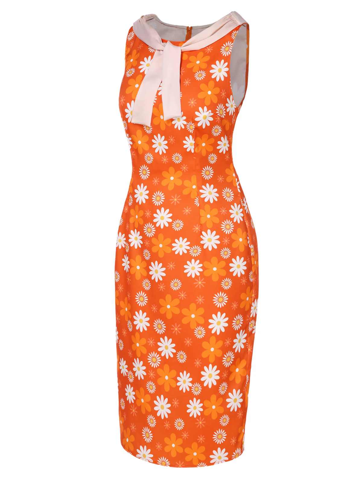 Orange 1960s Tie Neck Floral Sleeveless Dress - Image 3