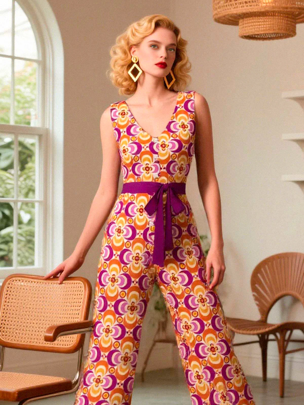 Orange 1960s V-Neck Belted Floral Printed Jumpsuit - Image 2
