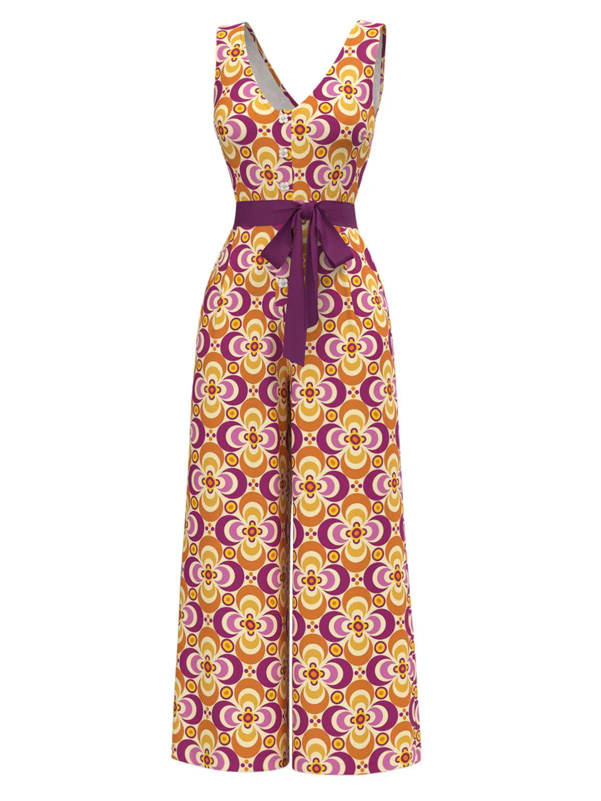 Orange 1960s V-Neck Belted Floral Printed Jumpsuit - Image 3