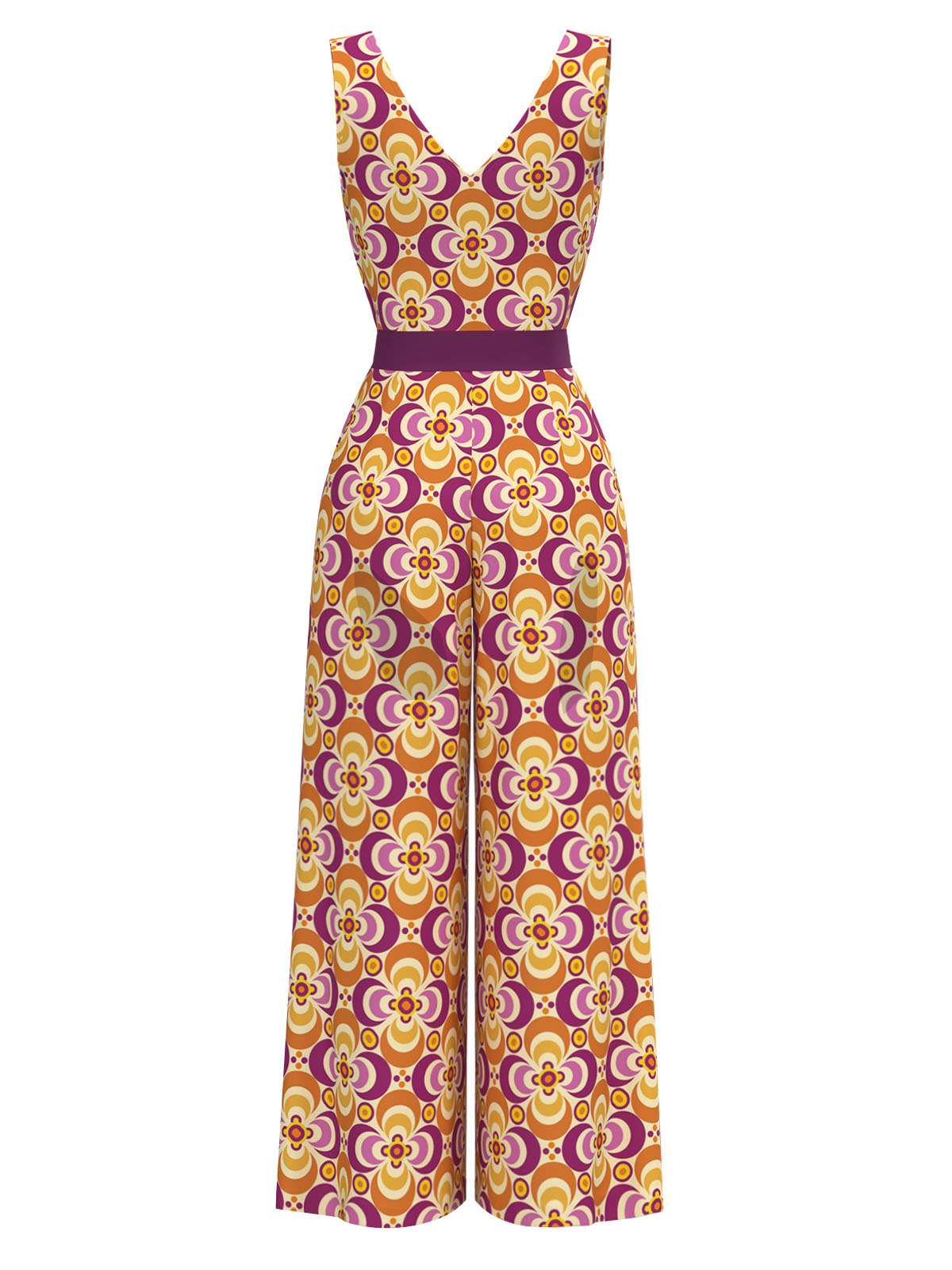 Orange 1960s V-Neck Belted Floral Printed Jumpsuit - Image 4