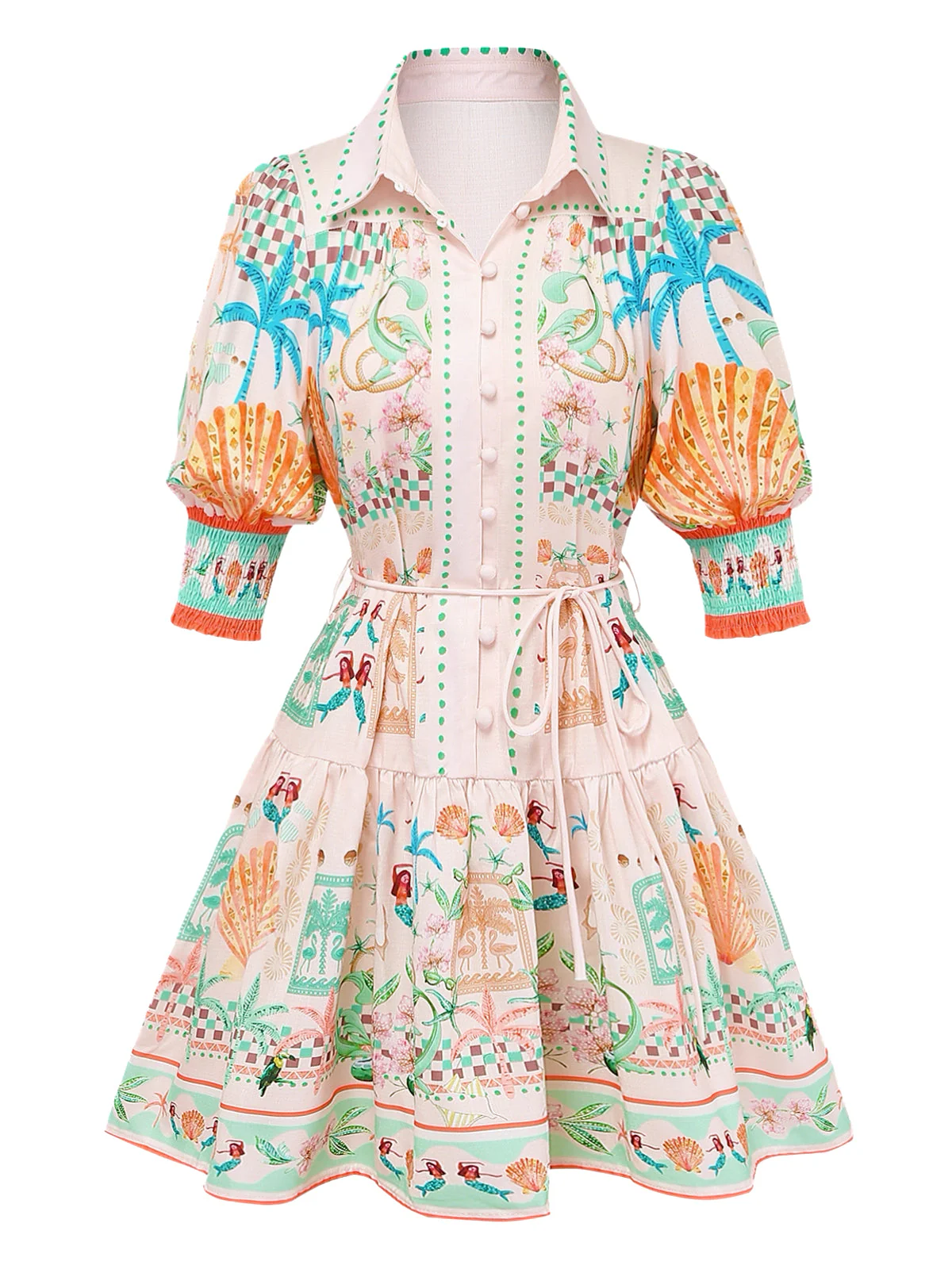 Orange 1970s Boho Pastel Print Button Tie-Waist Dress - Image 2