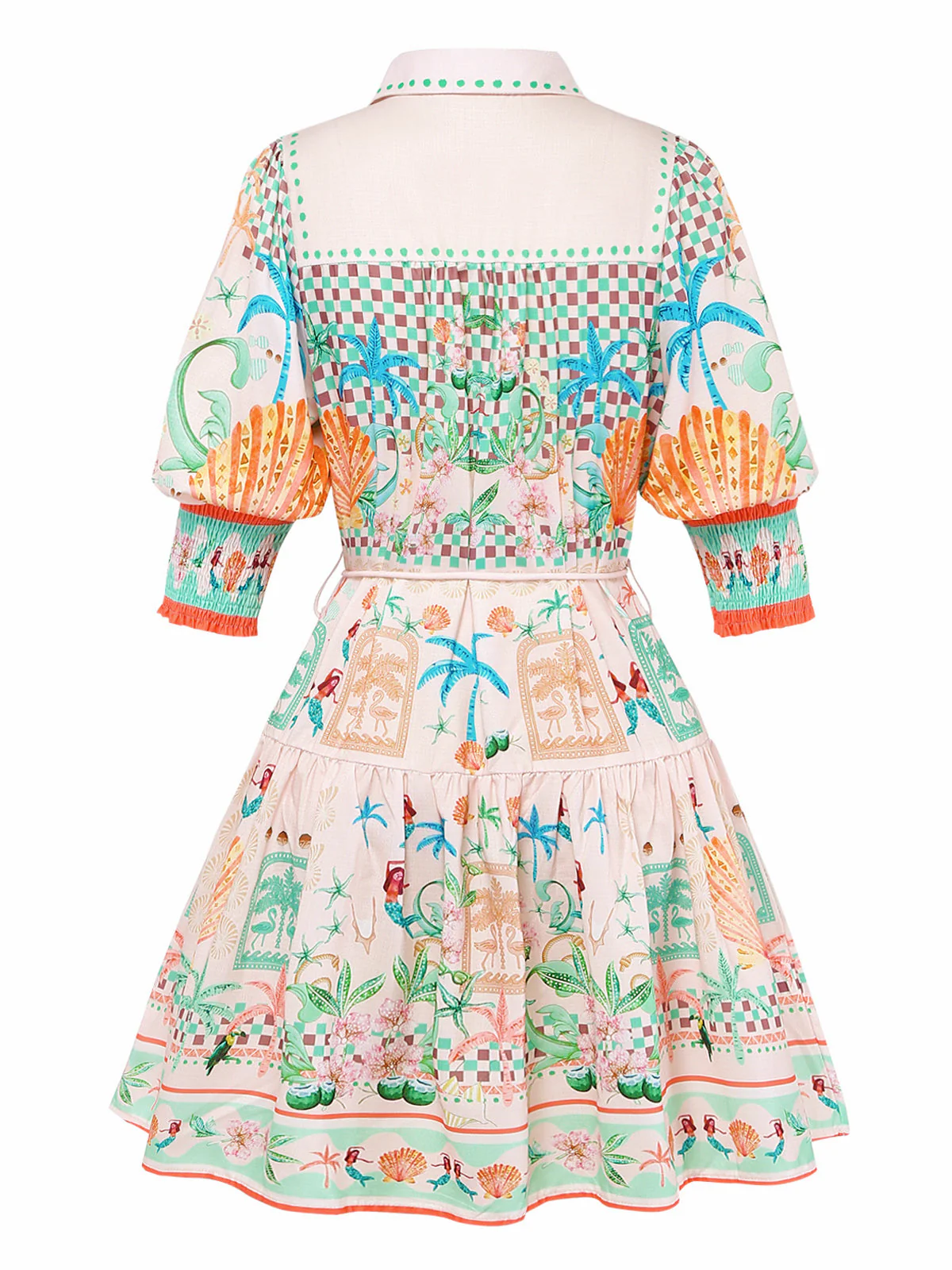 Orange 1970s Boho Pastel Print Button Tie-Waist Dress - Image 3