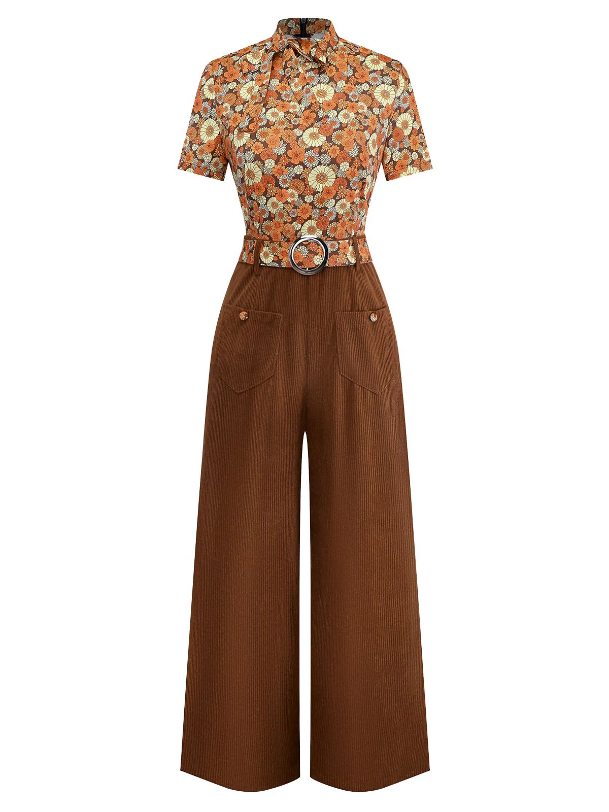 [Pre-Sale] Orange 1970s Daisy Corduroy Patchwork Tie Neck Jumpsuit - Image 2
