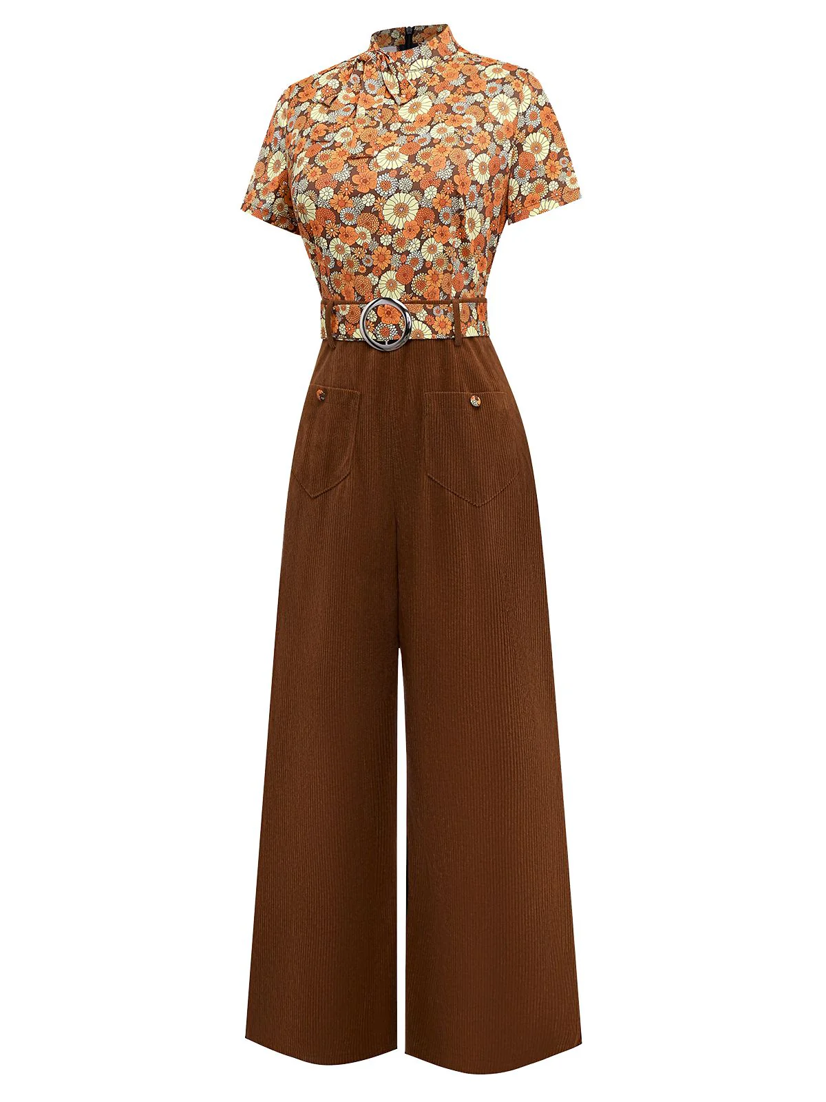 [Pre-Sale] Orange 1970s Daisy Corduroy Patchwork Tie Neck Jumpsuit - Image 3