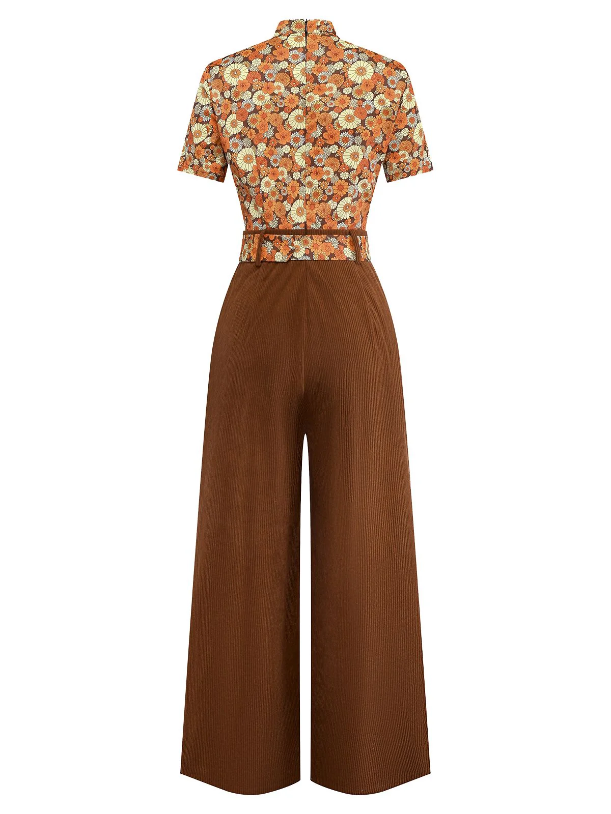 [Pre-Sale] Orange 1970s Daisy Corduroy Patchwork Tie Neck Jumpsuit - Image 4
