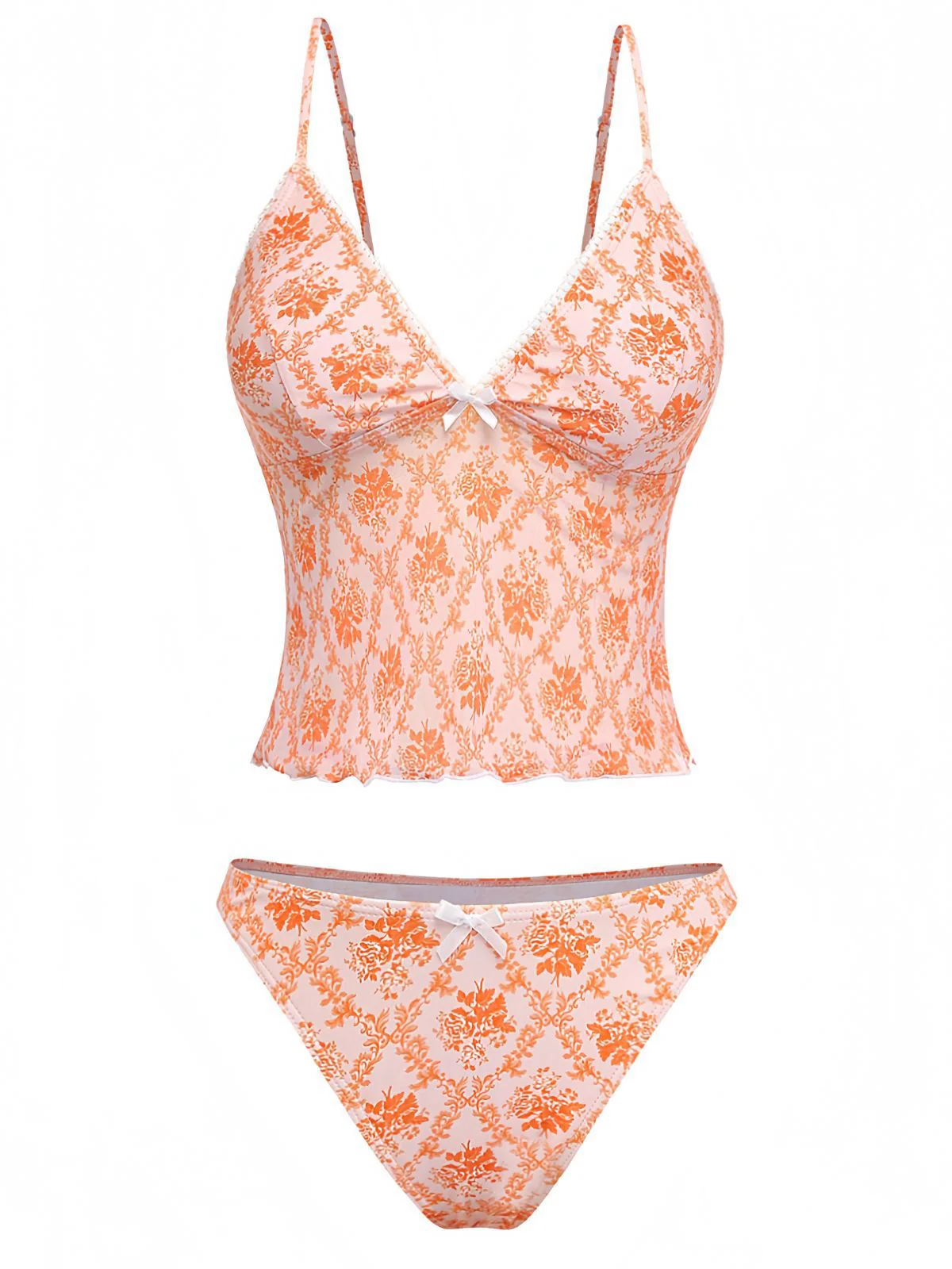 Orange 1970s Deep V-Neck Floral Print Tankini Set - Image 2