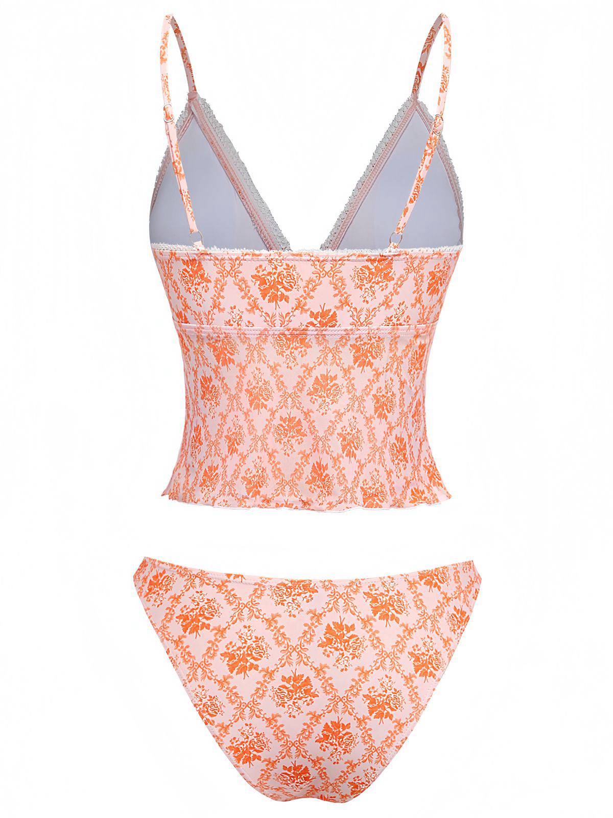 Orange 1970s Deep V-Neck Floral Print Tankini Set - Image 3