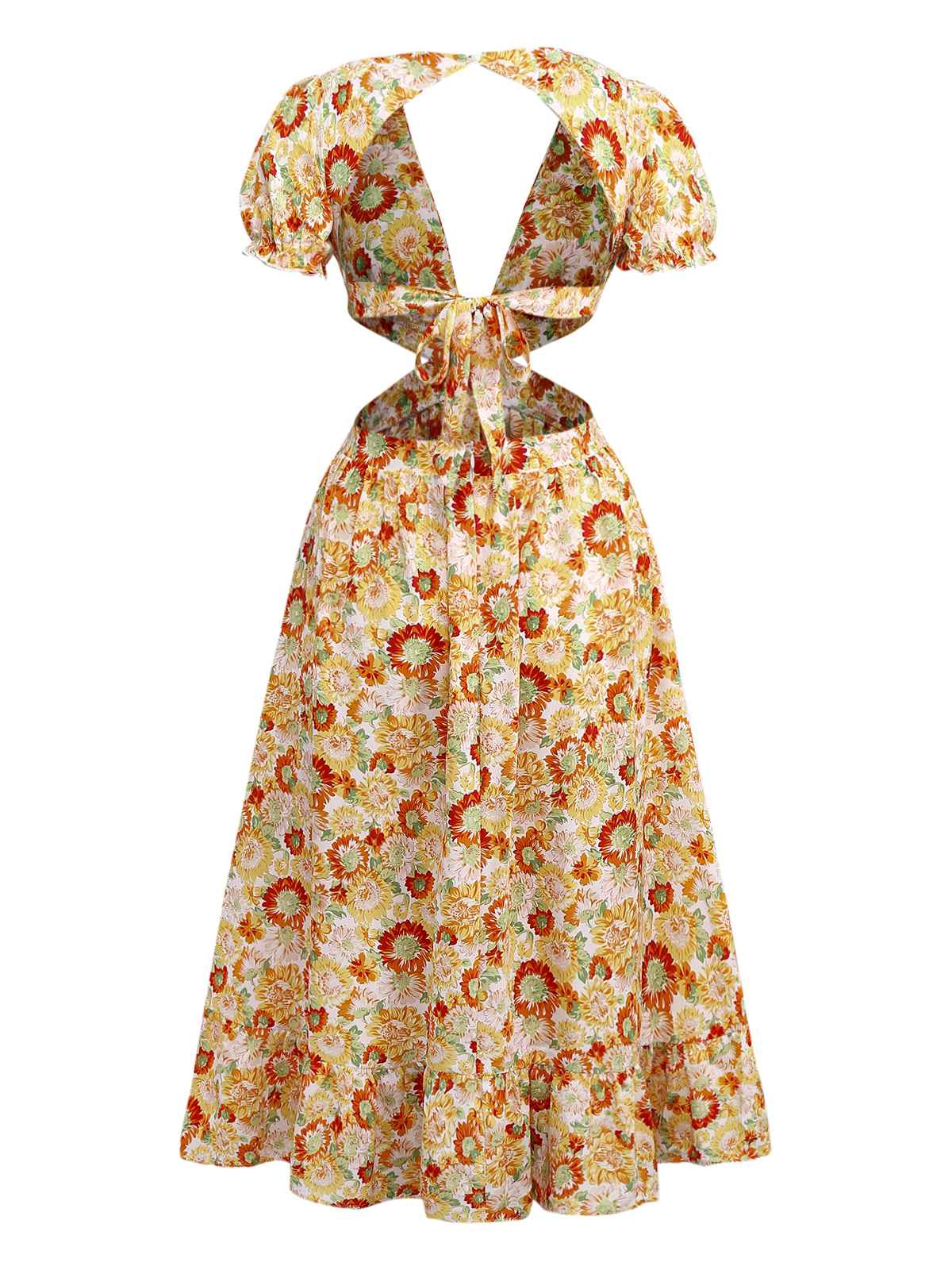 Orange 1970s Deep V-Neck Sunflower Boho Dress - Image 2