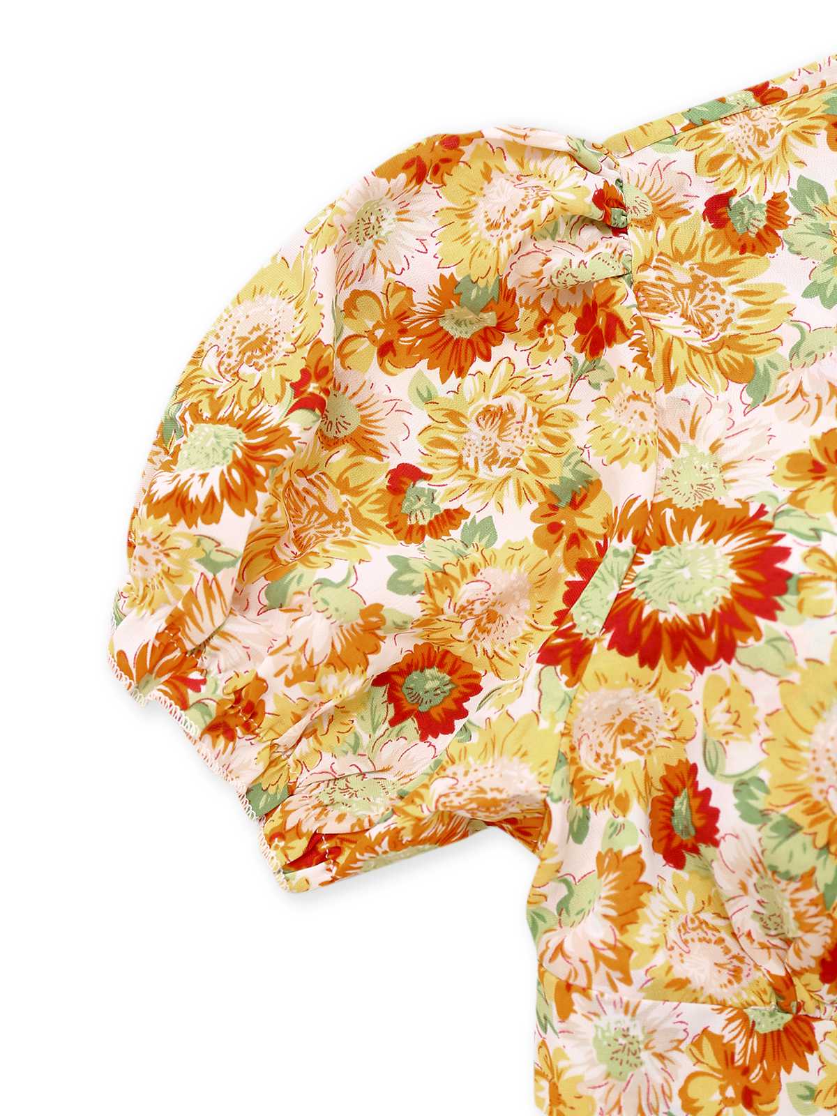 Orange 1970s Deep V-Neck Sunflower Boho Dress - Image 3