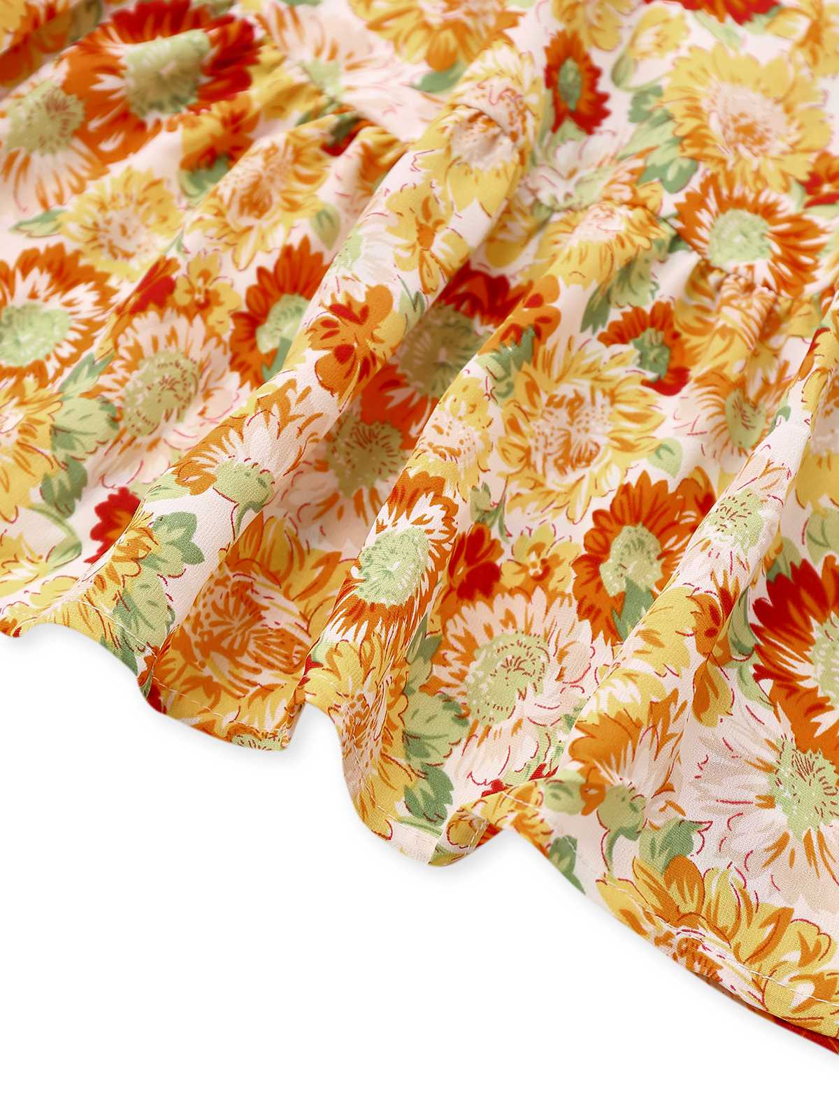 Orange 1970s Deep V-Neck Sunflower Boho Dress - Image 4