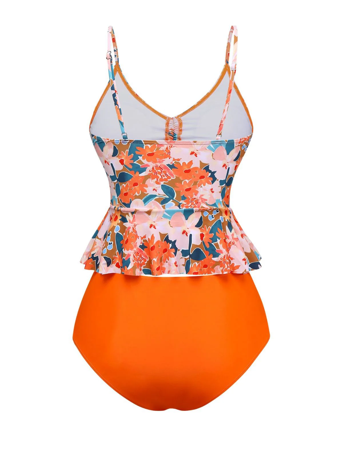 Orange 1970s Floral Drawstring Spaghetti Straps Tankini Set - Image 2