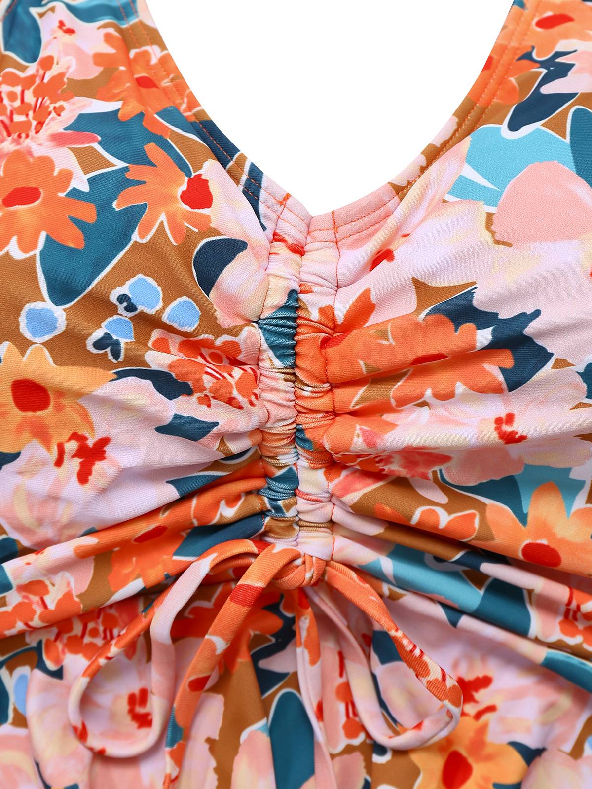 Orange 1970s Floral Drawstring Spaghetti Straps Tankini Set - Image 3